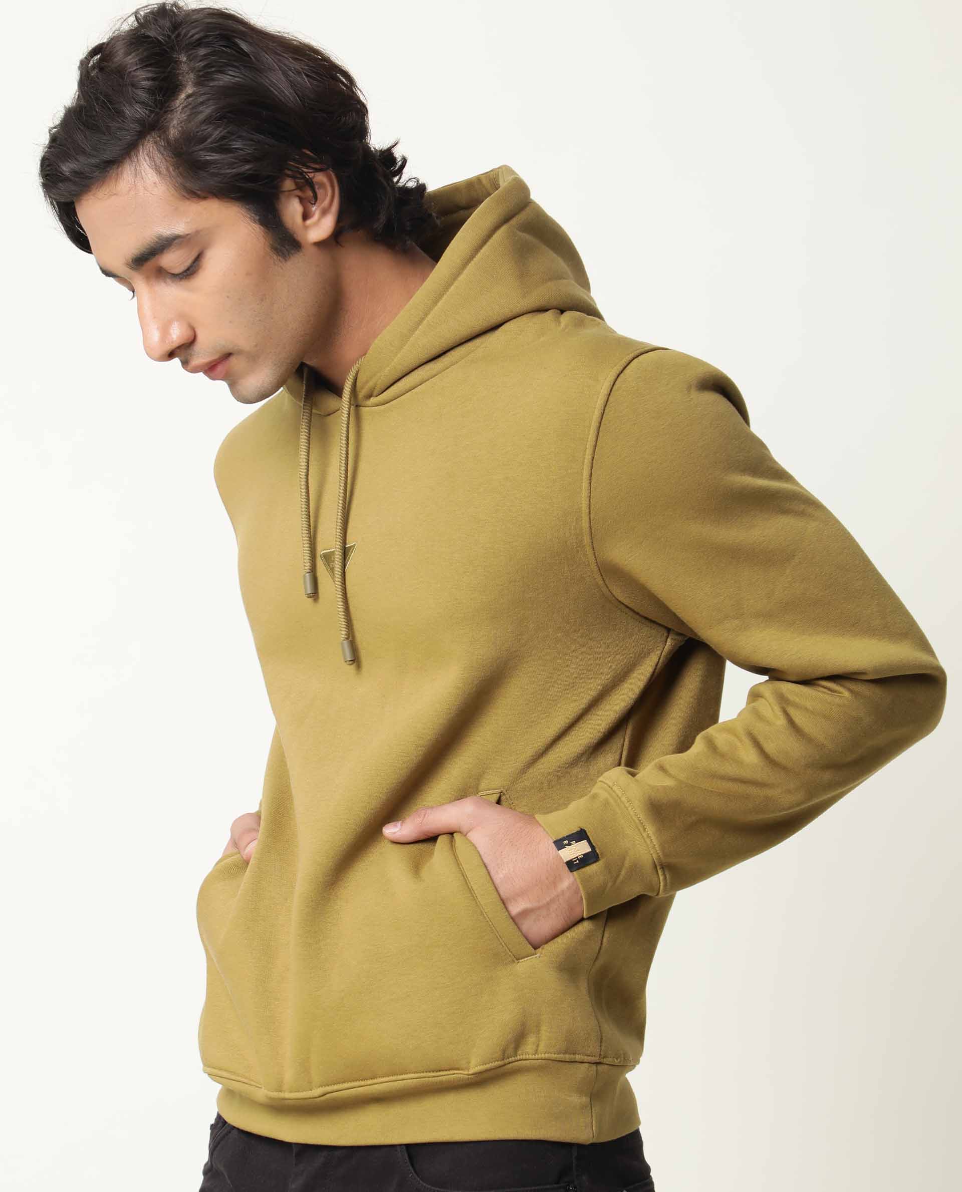 Rare Rabbit Men's Peach Olive Cotton Plain Relaxed Fit Full Sleeve Hooded Sweatshirt - Image 10