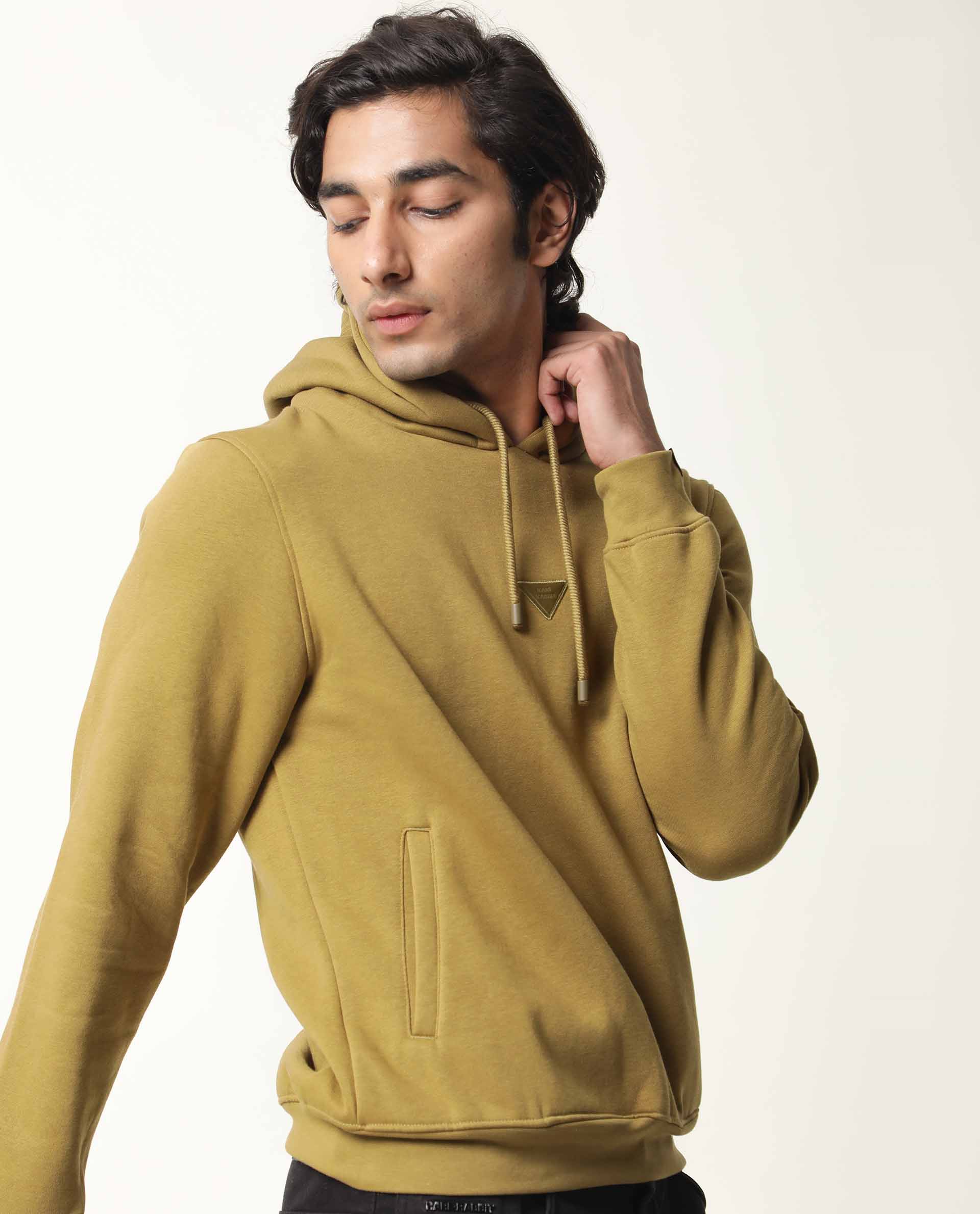Rare Rabbit Men's Peach Olive Cotton Plain Relaxed Fit Full Sleeve Hooded Sweatshirt - Image 2