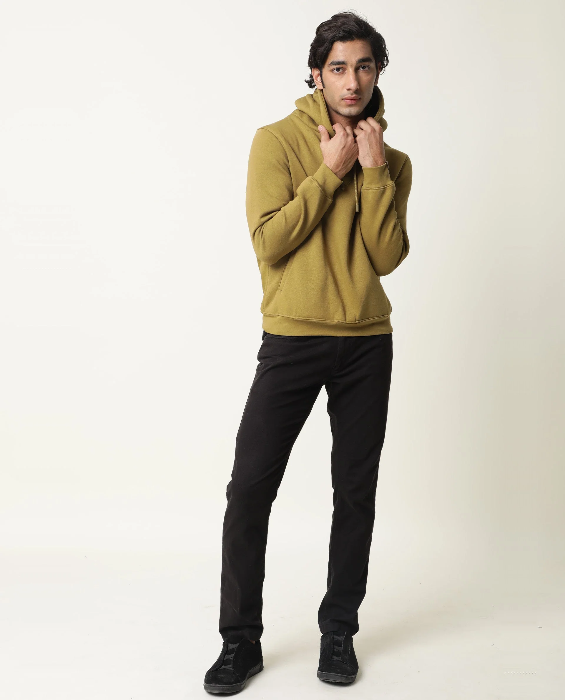 Rare Rabbit Men's Peach Olive Cotton Plain Relaxed Fit Full Sleeve Hooded Sweatshirt - Image 3