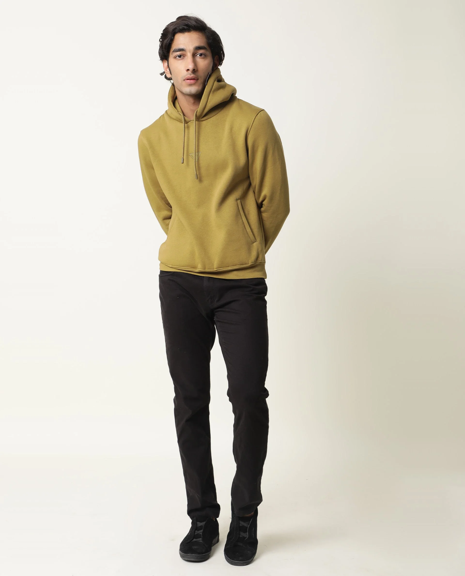 Rare Rabbit Men's Peach Olive Cotton Plain Relaxed Fit Full Sleeve Hooded Sweatshirt - Image 4