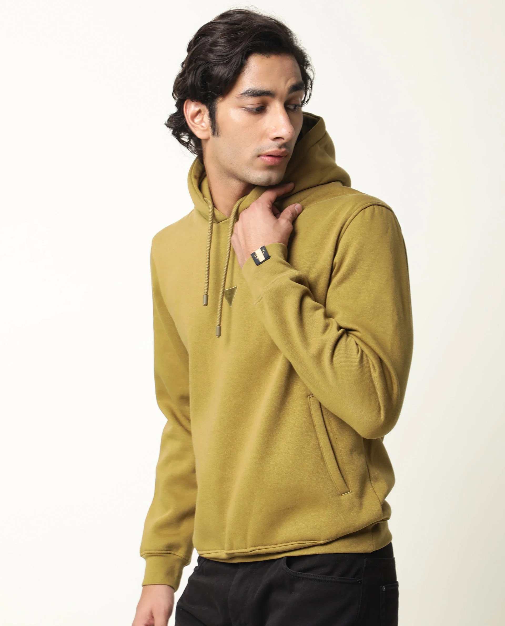 Rare Rabbit Men's Peach Olive Cotton Plain Relaxed Fit Full Sleeve Hooded Sweatshirt - Image 5