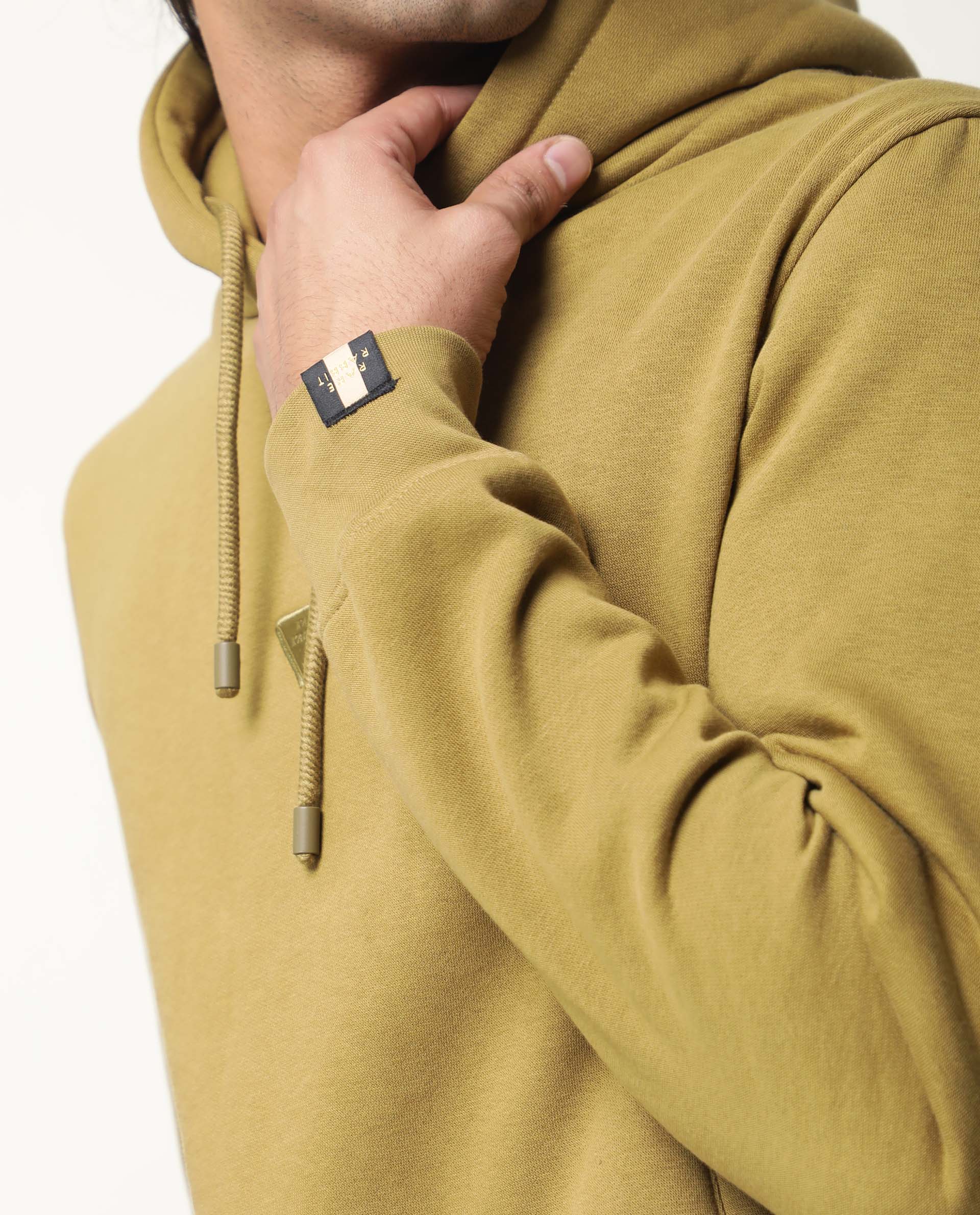 Rare Rabbit Men's Peach Olive Cotton Plain Relaxed Fit Full Sleeve Hooded Sweatshirt - Image 6