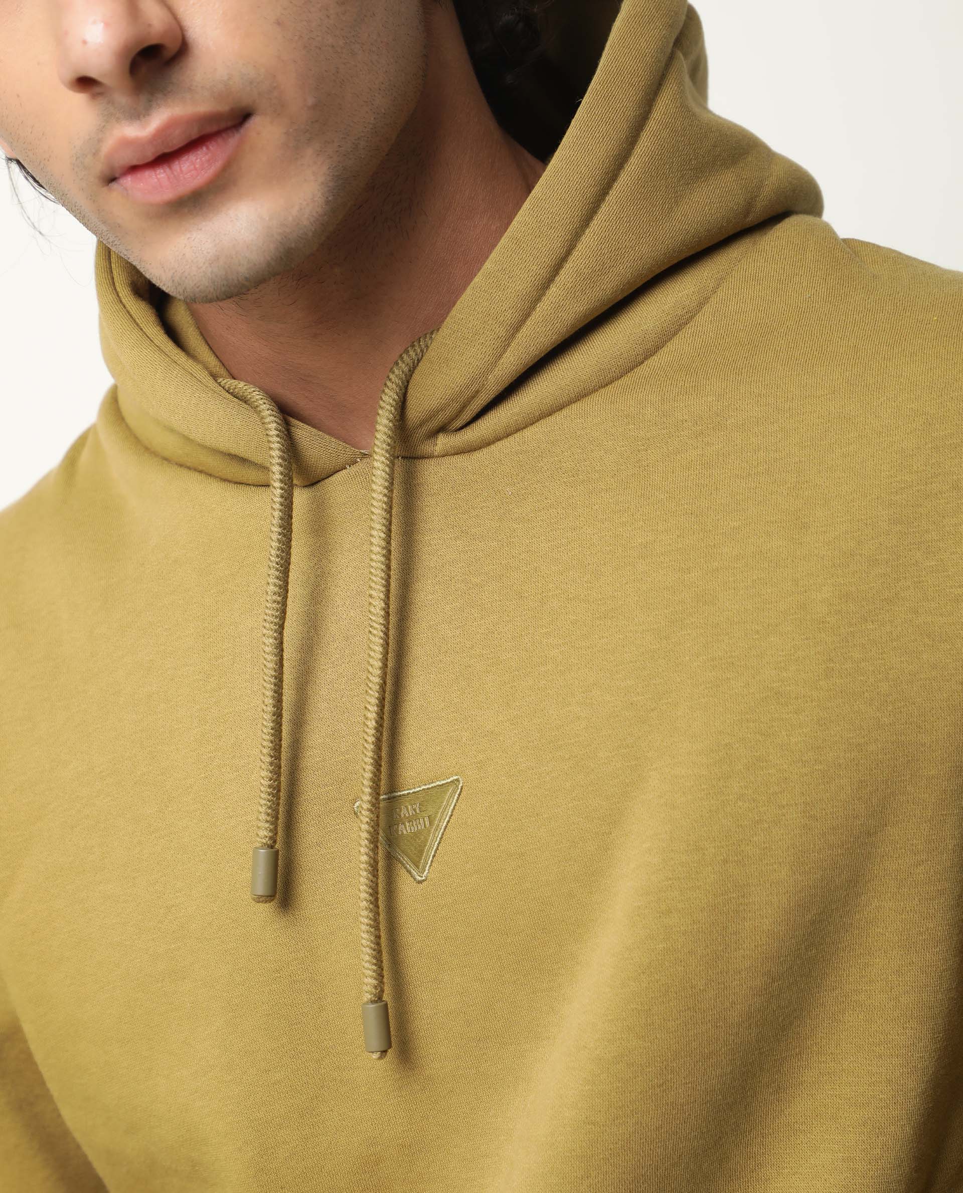 Rare Rabbit Men's Peach Olive Cotton Plain Relaxed Fit Full Sleeve Hooded Sweatshirt - Image 8