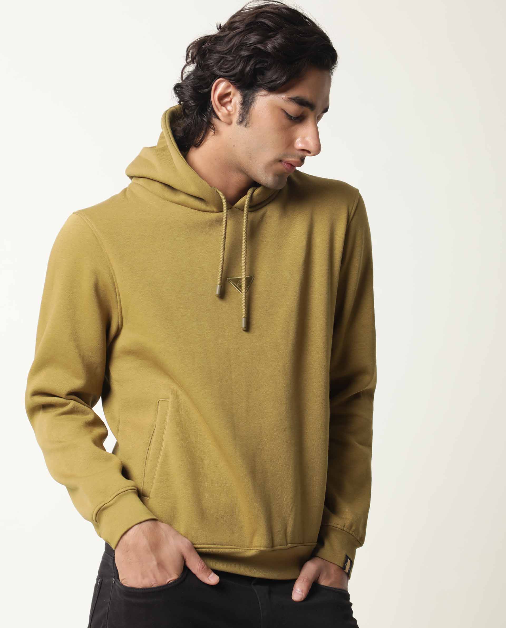 Rare Rabbit Men's Peach Olive Cotton Plain Relaxed Fit Full Sleeve Hooded Sweatshirt - Image 9