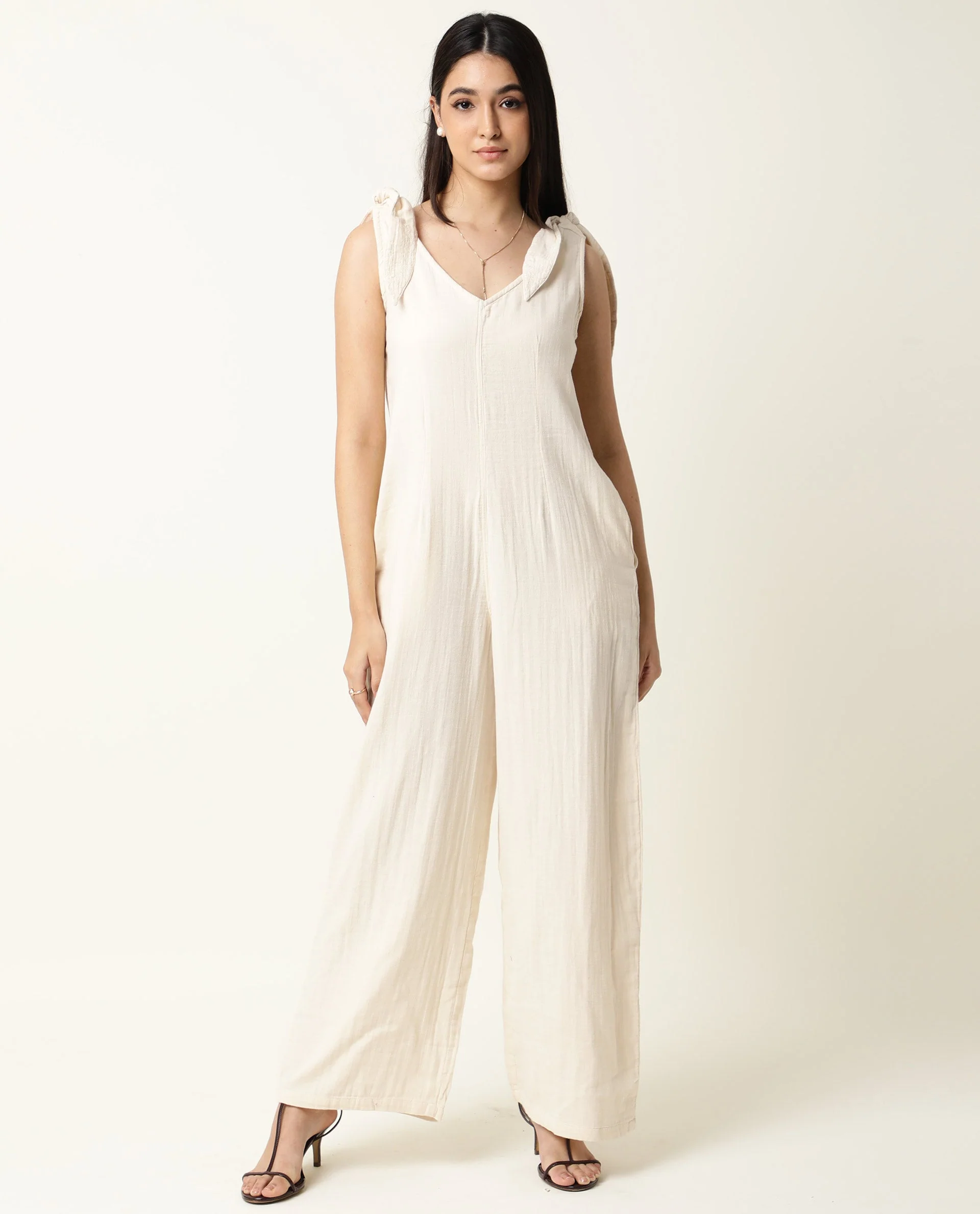 Rareism Women's Peanut Beige Cotton V-Neck Plain Sleeveless Knee Length Tailored Jumpsuit