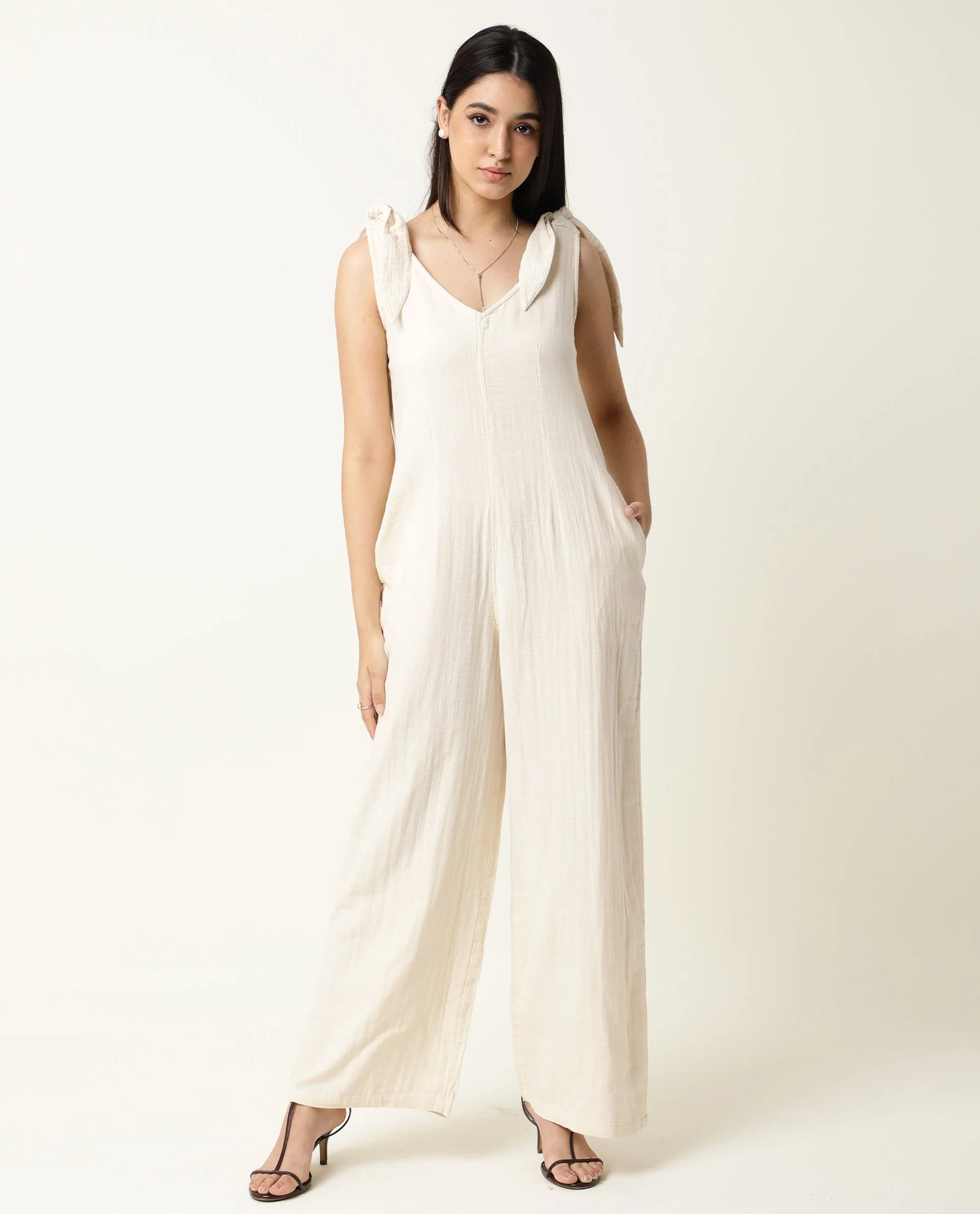 Rareism Women's Peanut Beige Cotton V-Neck Plain Sleeveless Knee Length Tailored Jumpsuit - Image 10