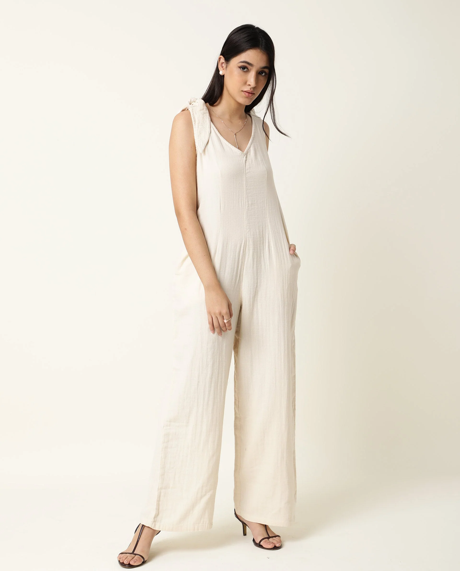 Rareism Women's Peanut Beige Cotton V-Neck Plain Sleeveless Knee Length Tailored Jumpsuit - Image 11