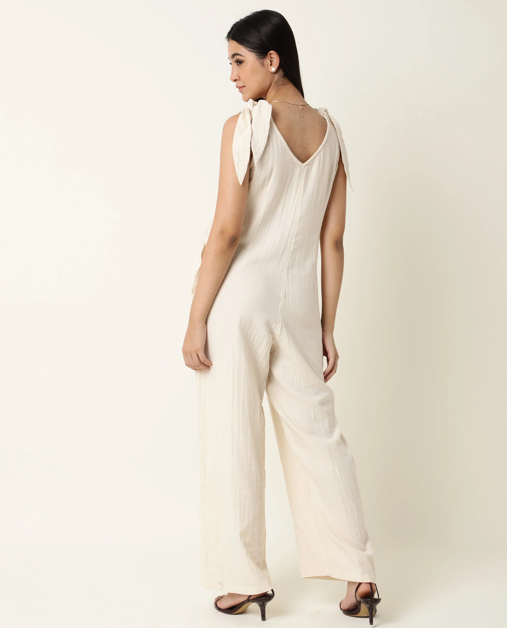 Rareism Women's Peanut Beige Cotton V-Neck Plain Sleeveless Knee Length Tailored Jumpsuit - Image 12