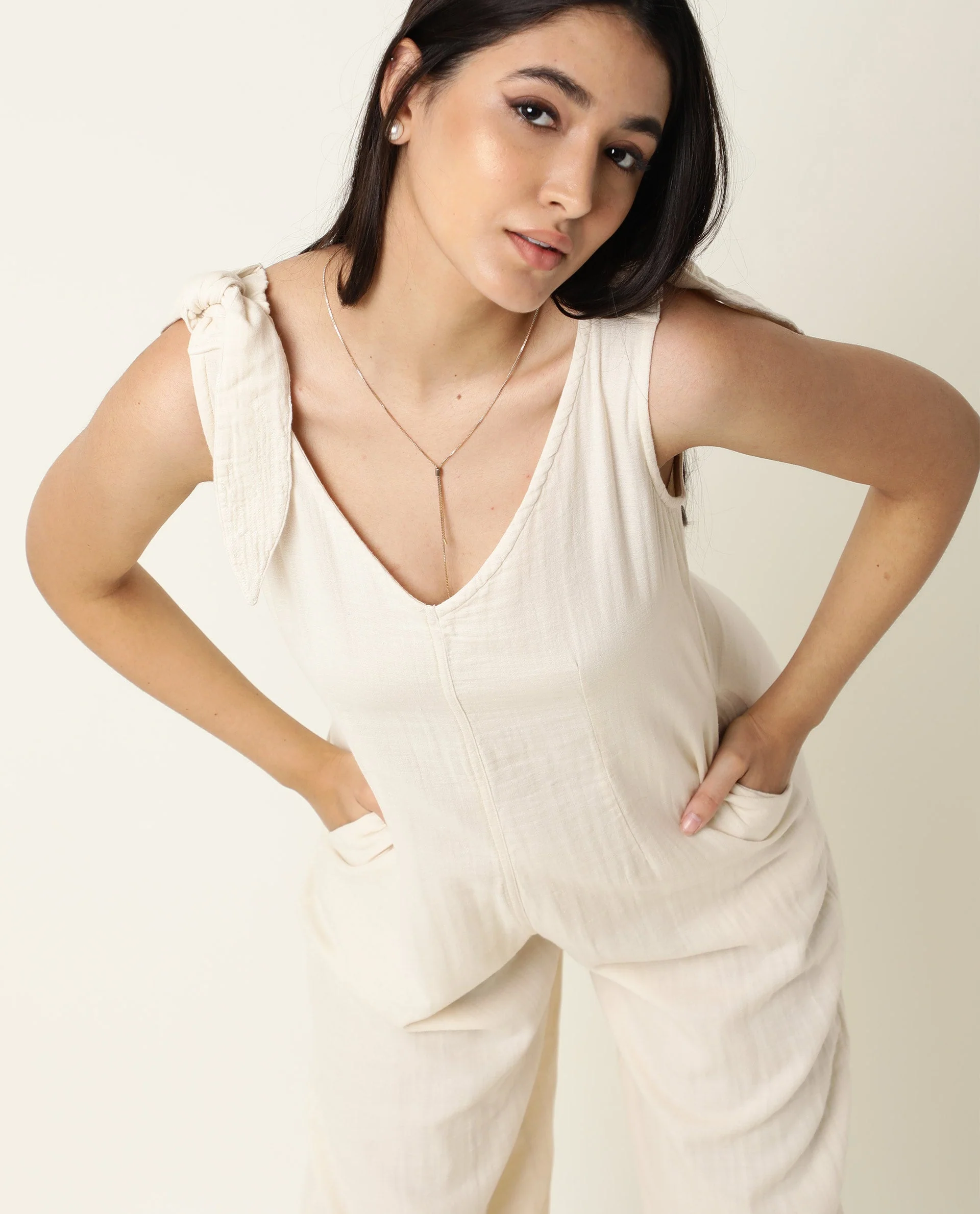 Rareism Women's Peanut Beige Cotton V-Neck Plain Sleeveless Knee Length Tailored Jumpsuit - Image 2