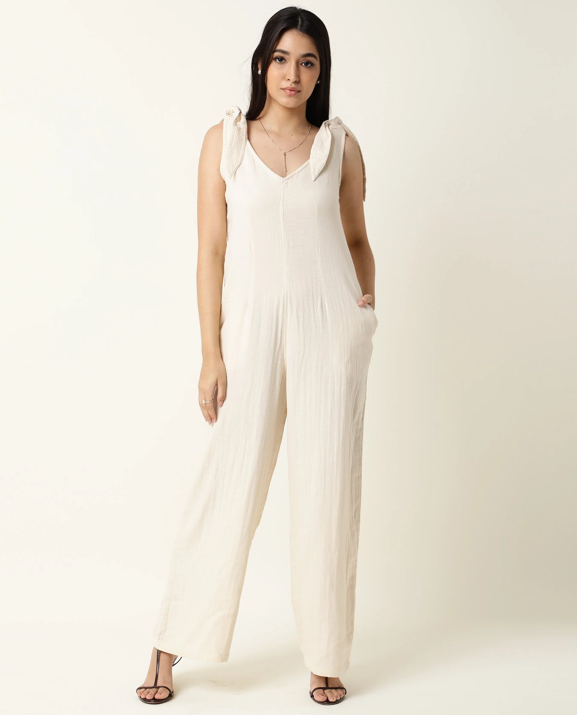 Rareism Women's Peanut Beige Cotton V-Neck Plain Sleeveless Knee Length Tailored Jumpsuit - Image 3