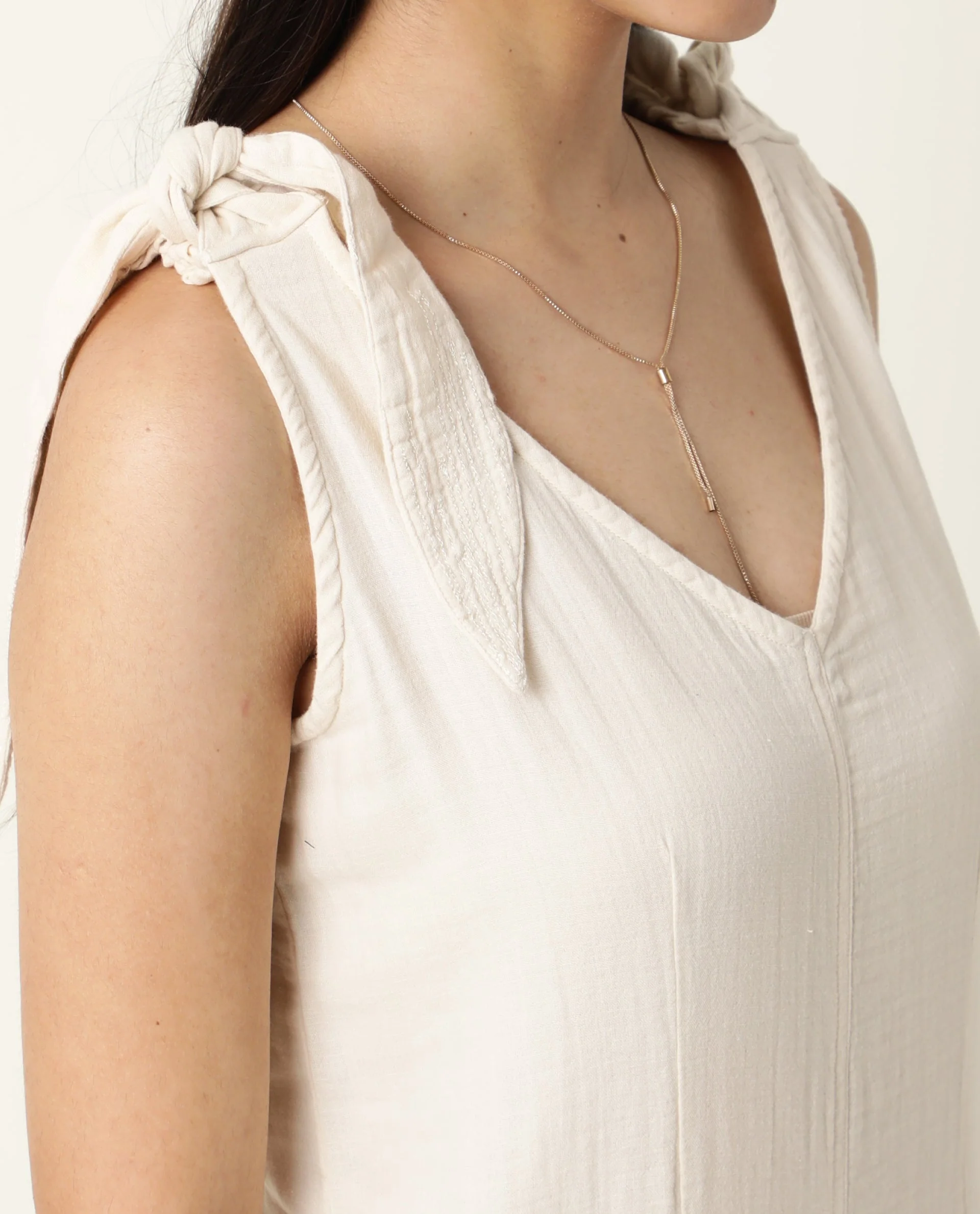 Rareism Women's Peanut Beige Cotton V-Neck Plain Sleeveless Knee Length Tailored Jumpsuit - Image 4