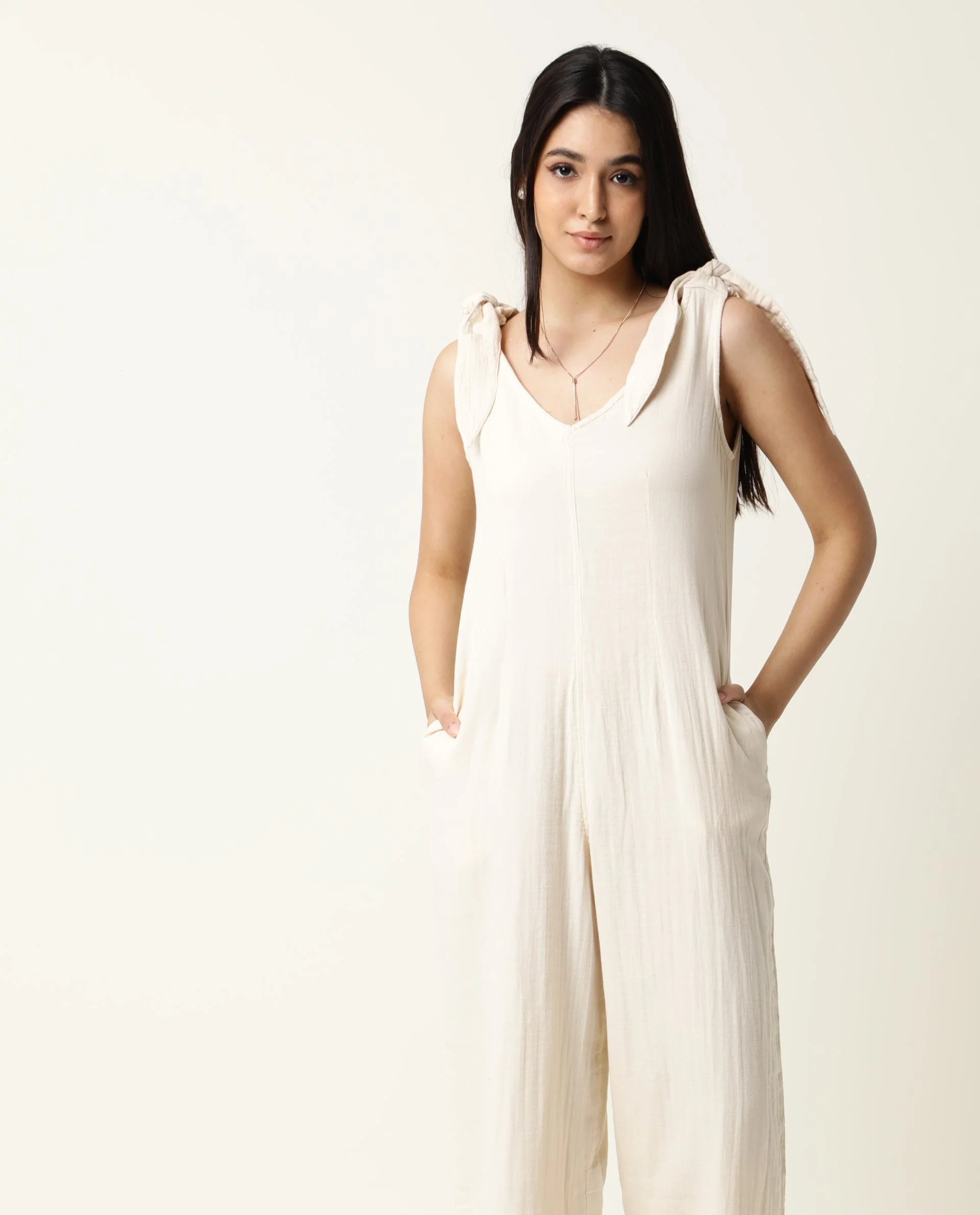 Rareism Women's Peanut Beige Cotton V-Neck Plain Sleeveless Knee Length Tailored Jumpsuit - Image 5