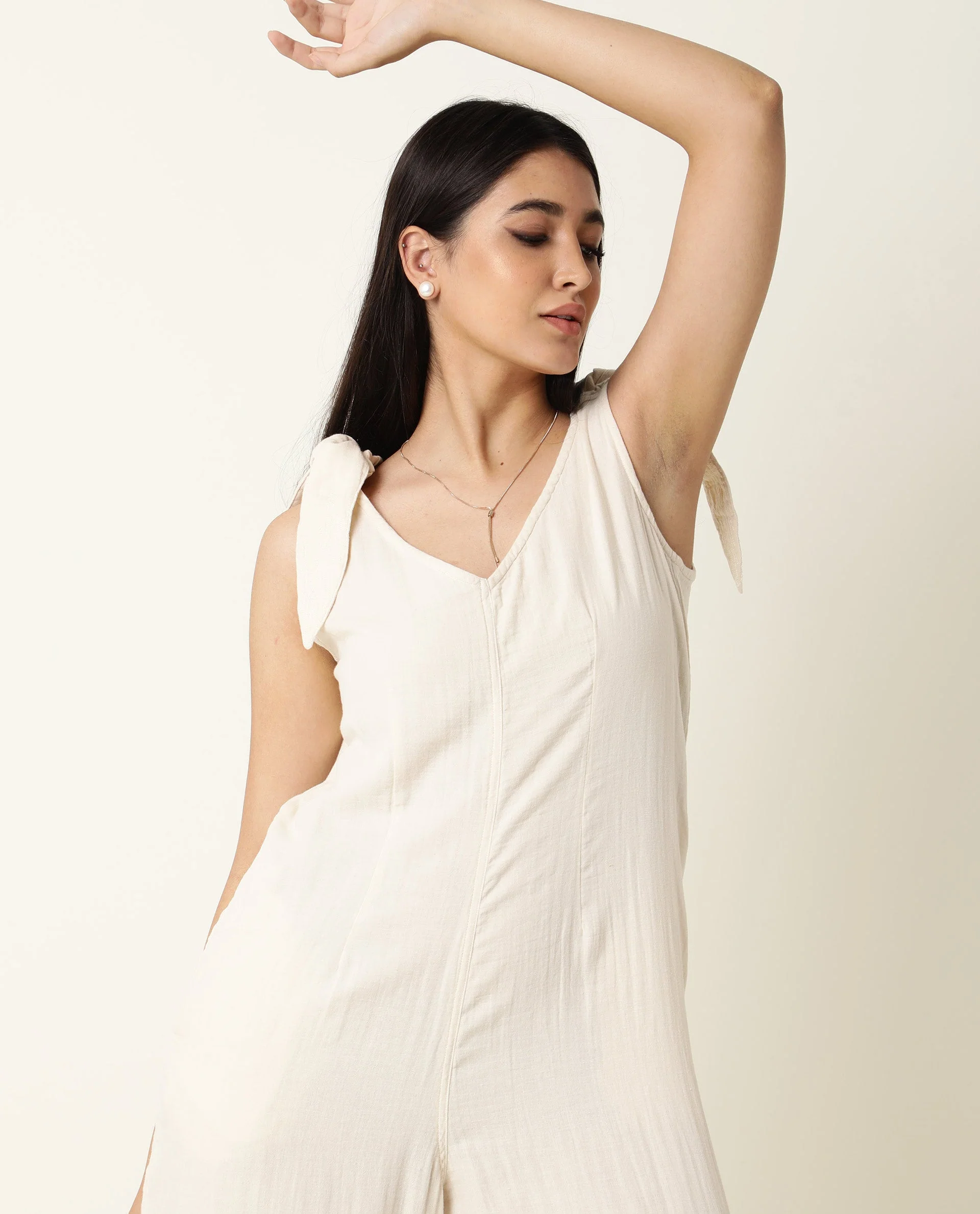 Rareism Women's Peanut Beige Cotton V-Neck Plain Sleeveless Knee Length Tailored Jumpsuit - Image 6