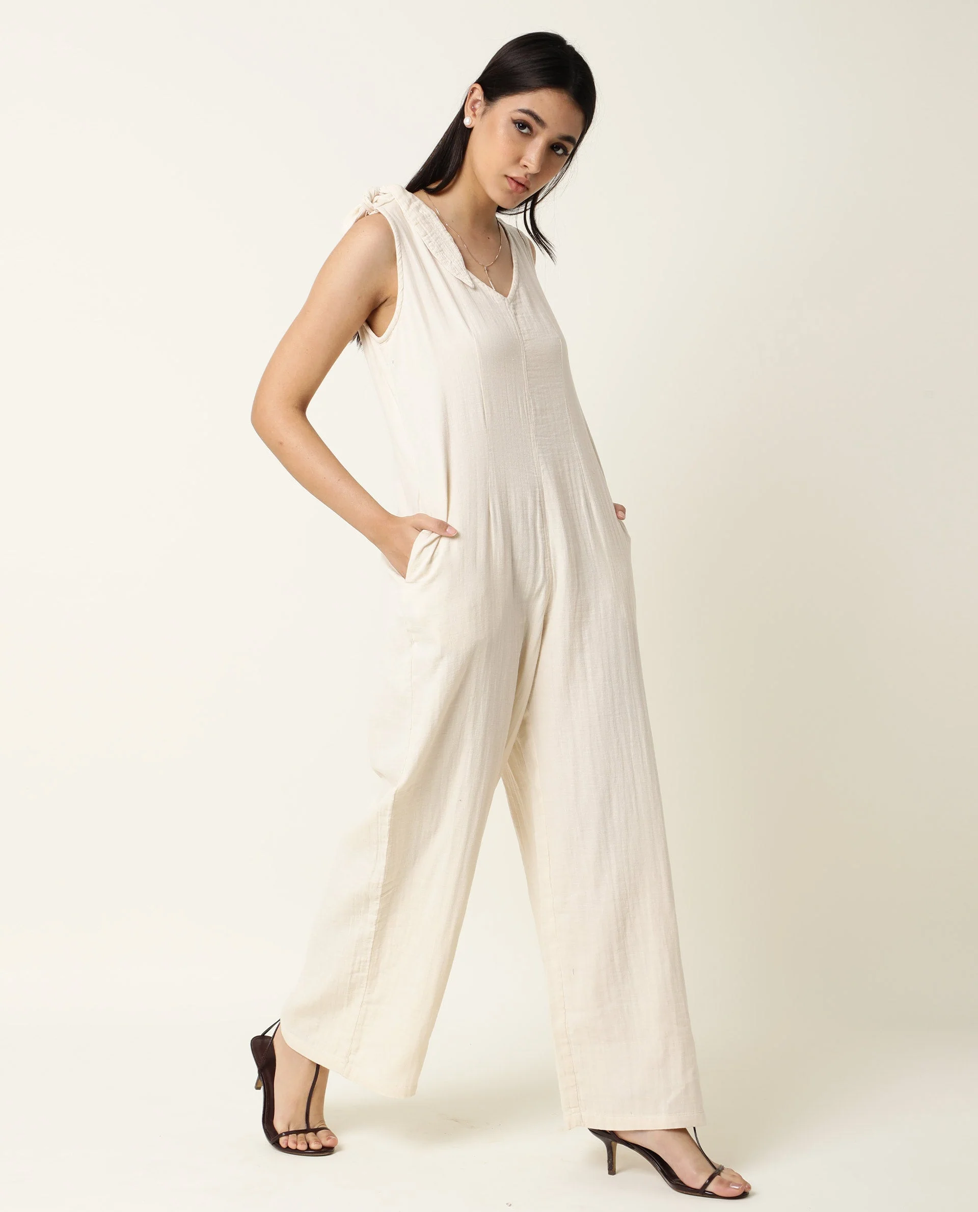 Rareism Women's Peanut Beige Cotton V-Neck Plain Sleeveless Knee Length Tailored Jumpsuit - Image 7