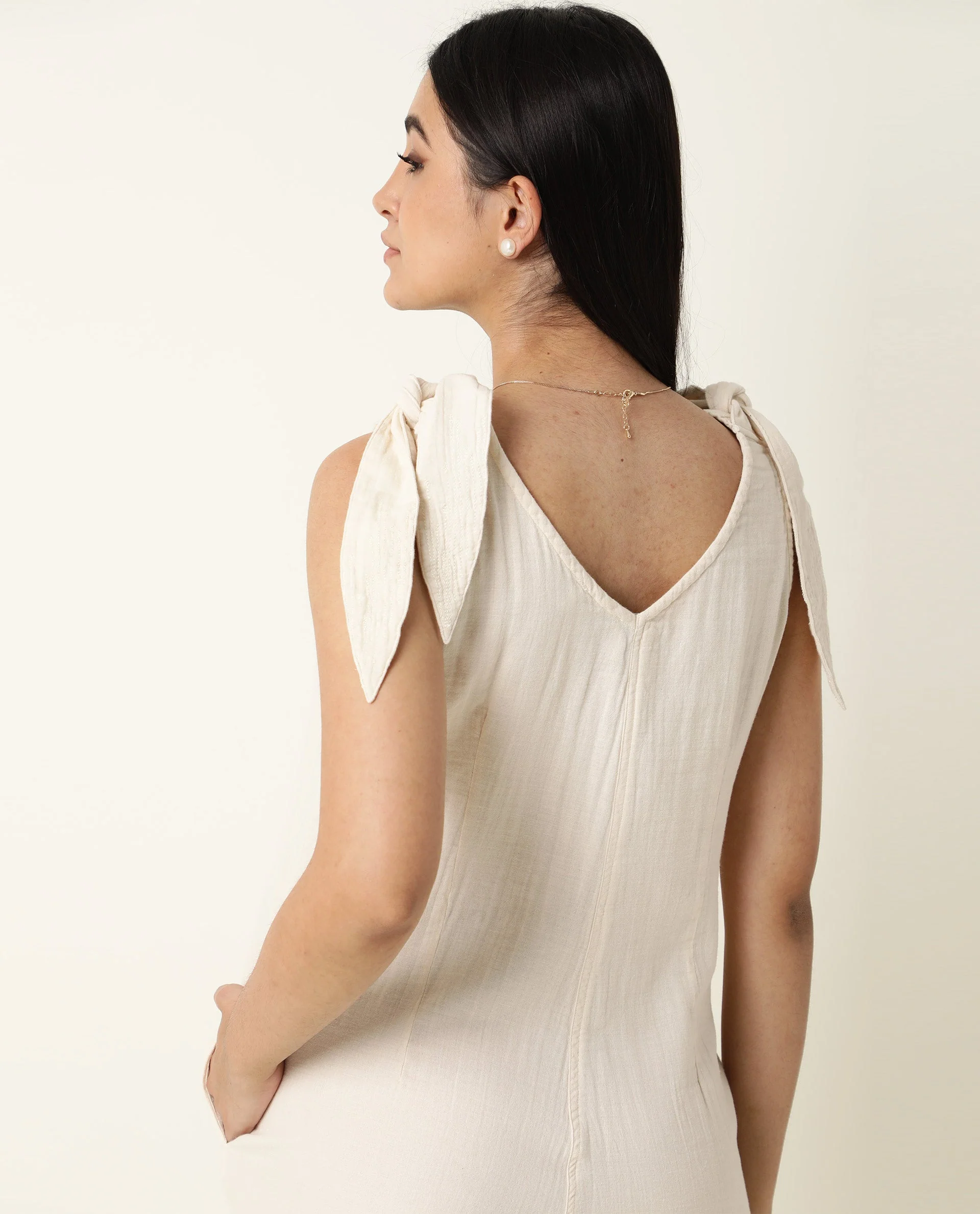 Rareism Women's Peanut Beige Cotton V-Neck Plain Sleeveless Knee Length Tailored Jumpsuit - Image 9