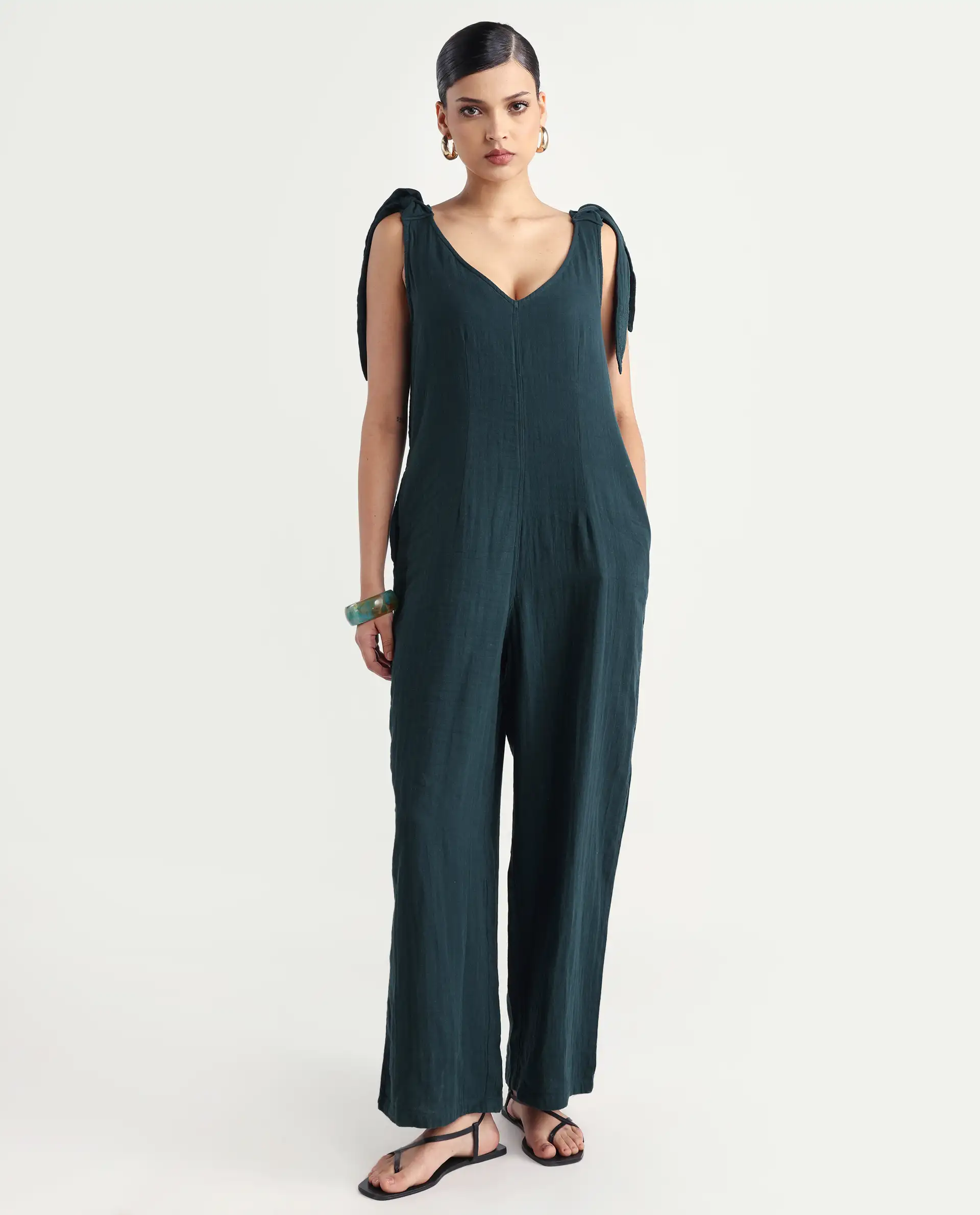 Rareism Women's Peanut Green Cotton V-Neck Plain Sleeveless Knee Length Tailored Jumpsuit - Image 2