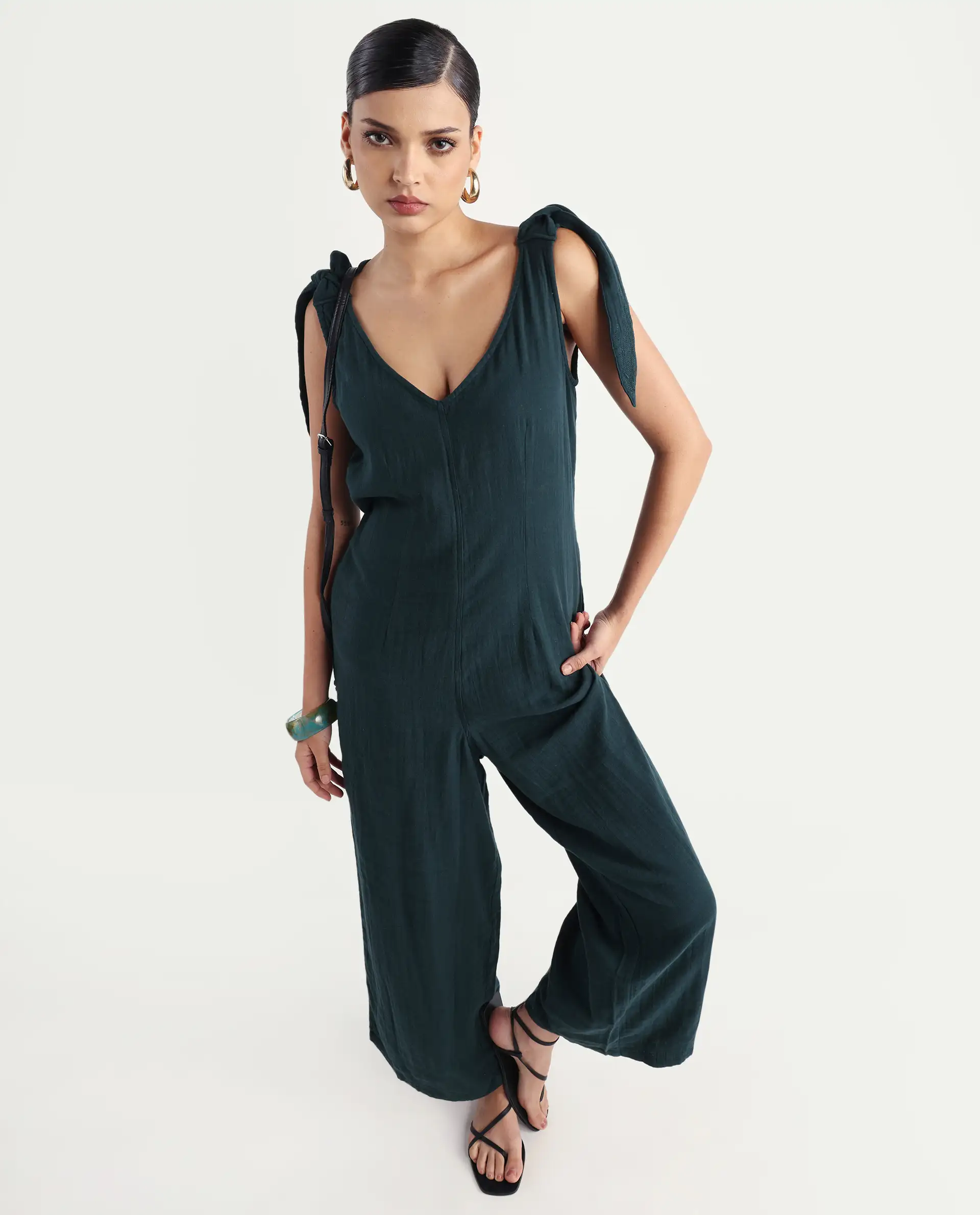 Rareism Women's Peanut Green Cotton V-Neck Plain Sleeveless Knee Length Tailored Jumpsuit - Image 3