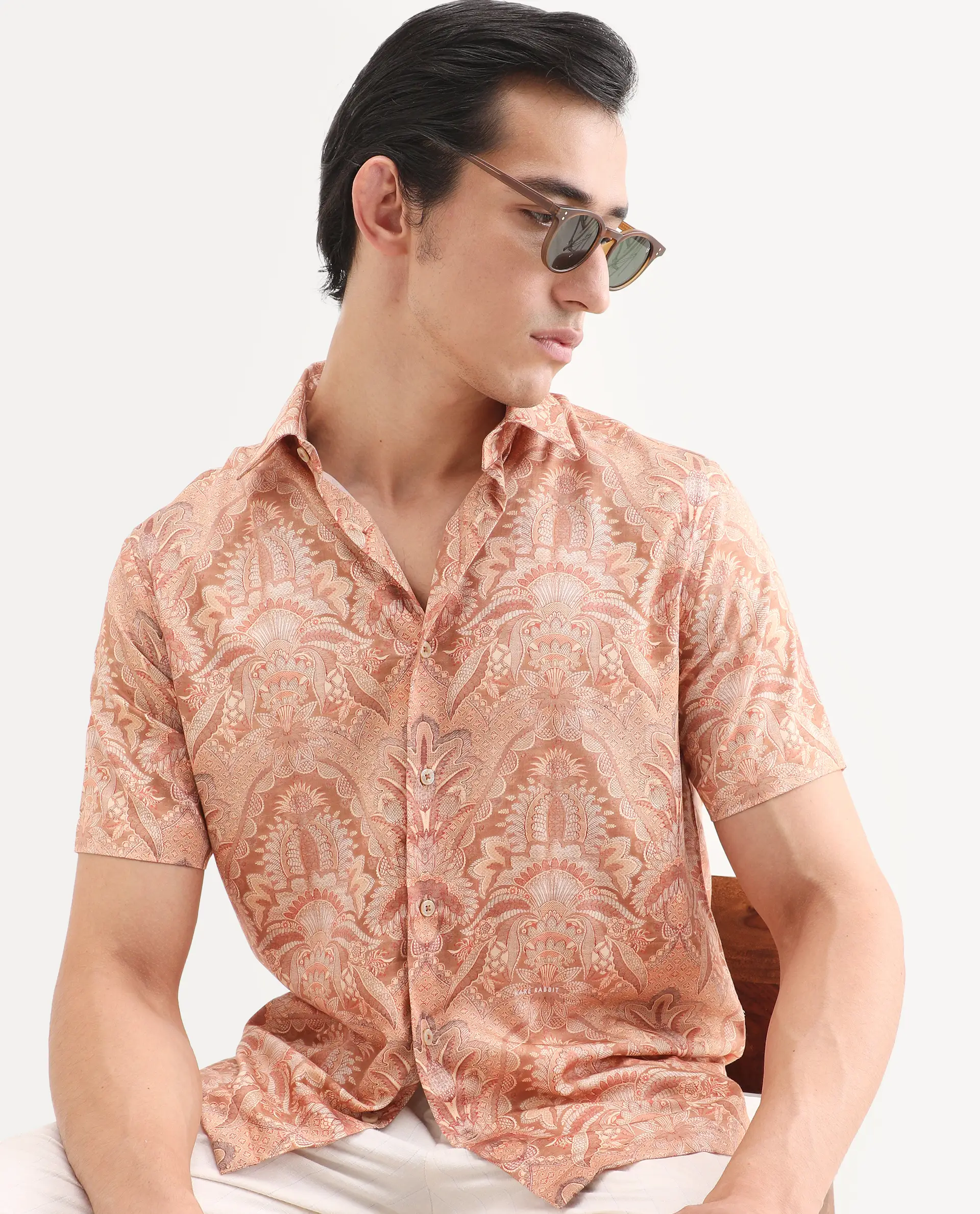 Rare Rabbit Men's Pear Dusky Orange Cotton Blend Fabric Half Sleeve Spread Collar Regular Fit Abstract Print Shirt