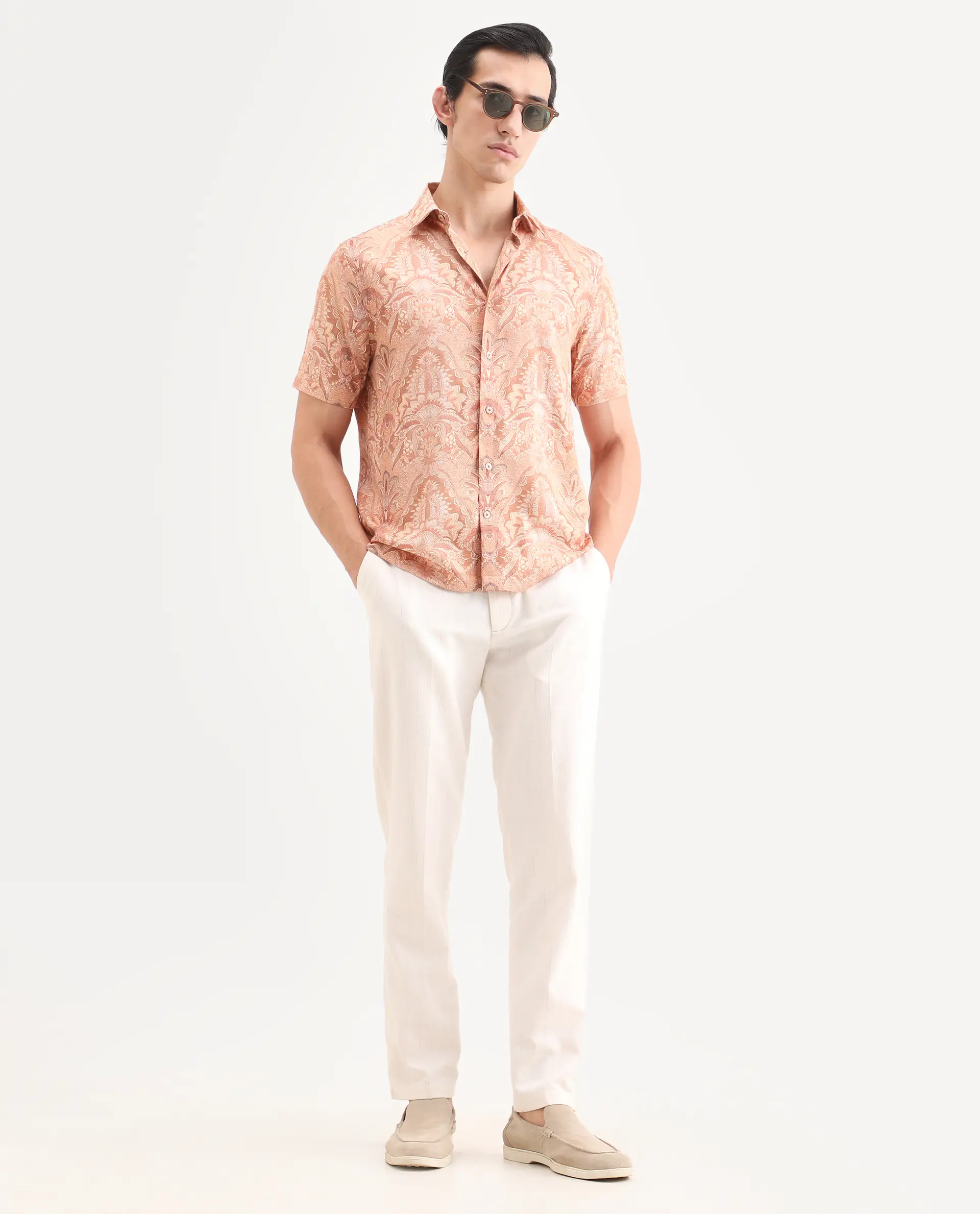 Rare Rabbit Men's Pear Dusky Orange Cotton Blend Fabric Half Sleeve Spread Collar Regular Fit Abstract Print Shirt - Image 2