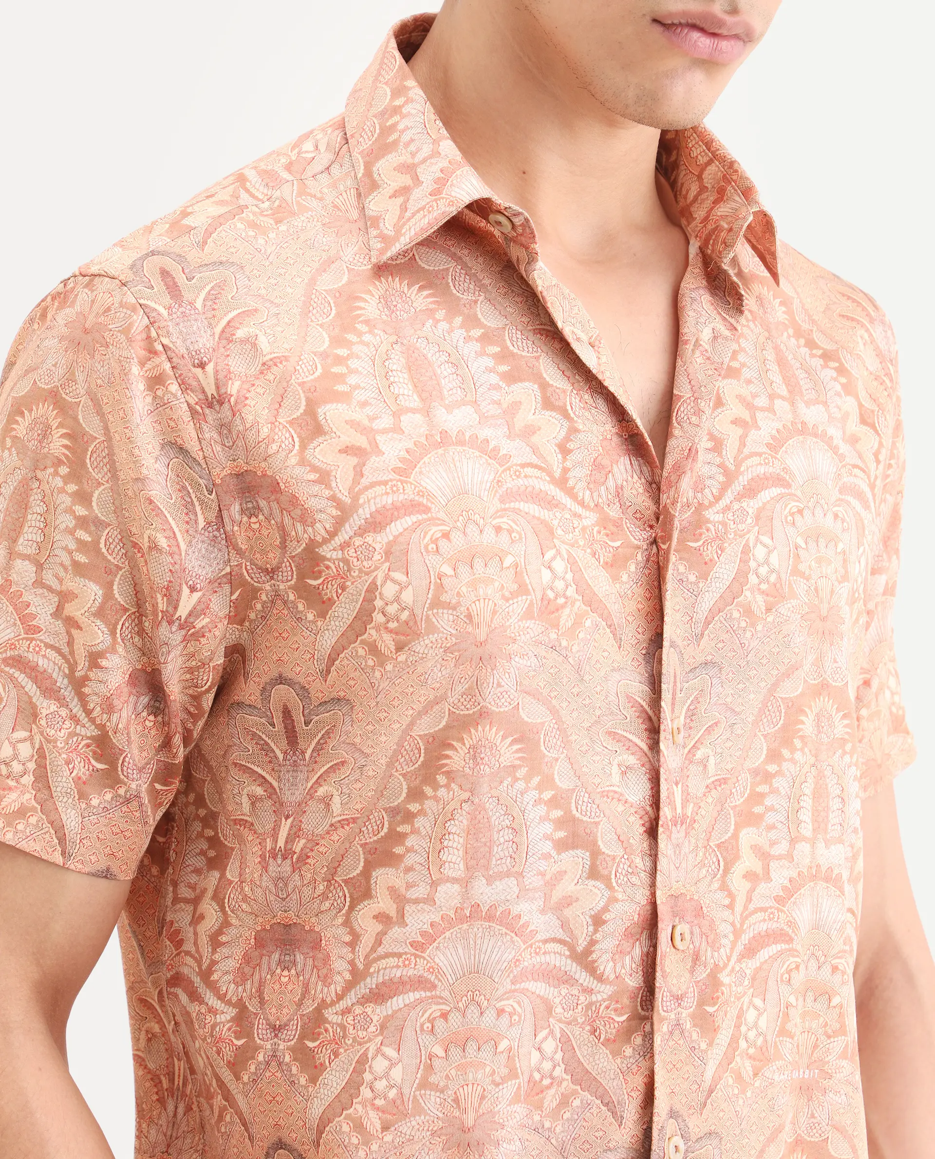 Rare Rabbit Men's Pear Dusky Orange Cotton Blend Fabric Half Sleeve Spread Collar Regular Fit Abstract Print Shirt - Image 3