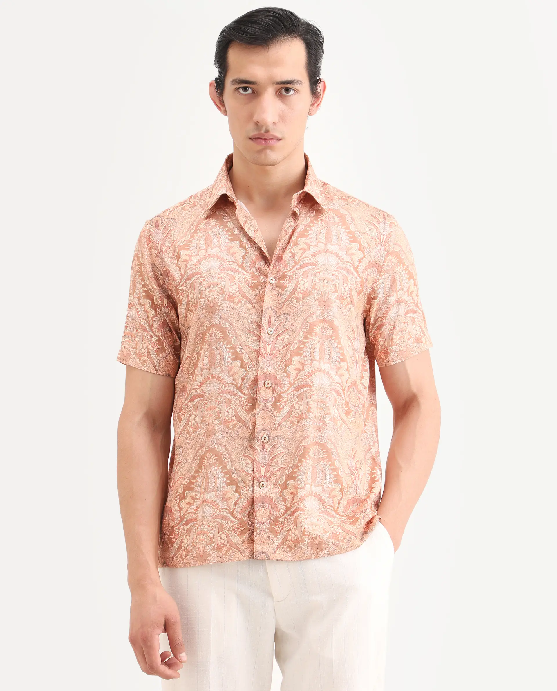 Rare Rabbit Men's Pear Dusky Orange Cotton Blend Fabric Half Sleeve Spread Collar Regular Fit Abstract Print Shirt - Image 4