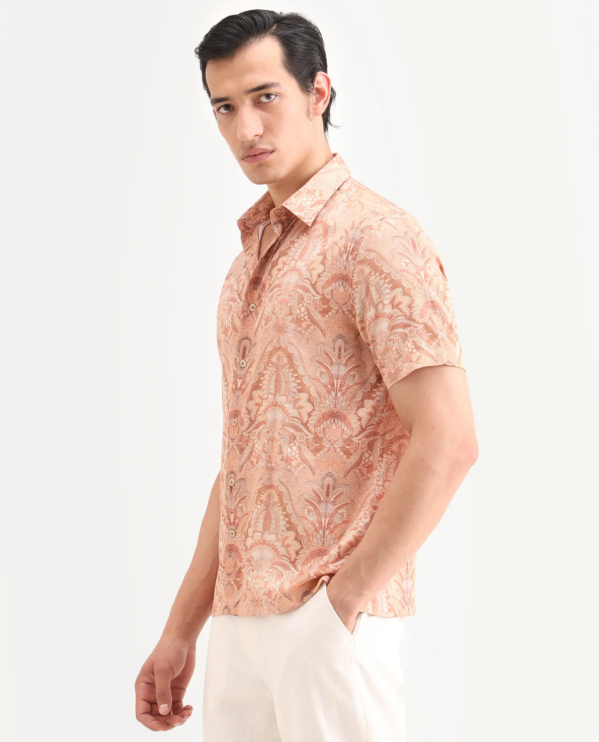 Rare Rabbit Men's Pear Dusky Orange Cotton Blend Fabric Half Sleeve Spread Collar Regular Fit Abstract Print Shirt - Image 5