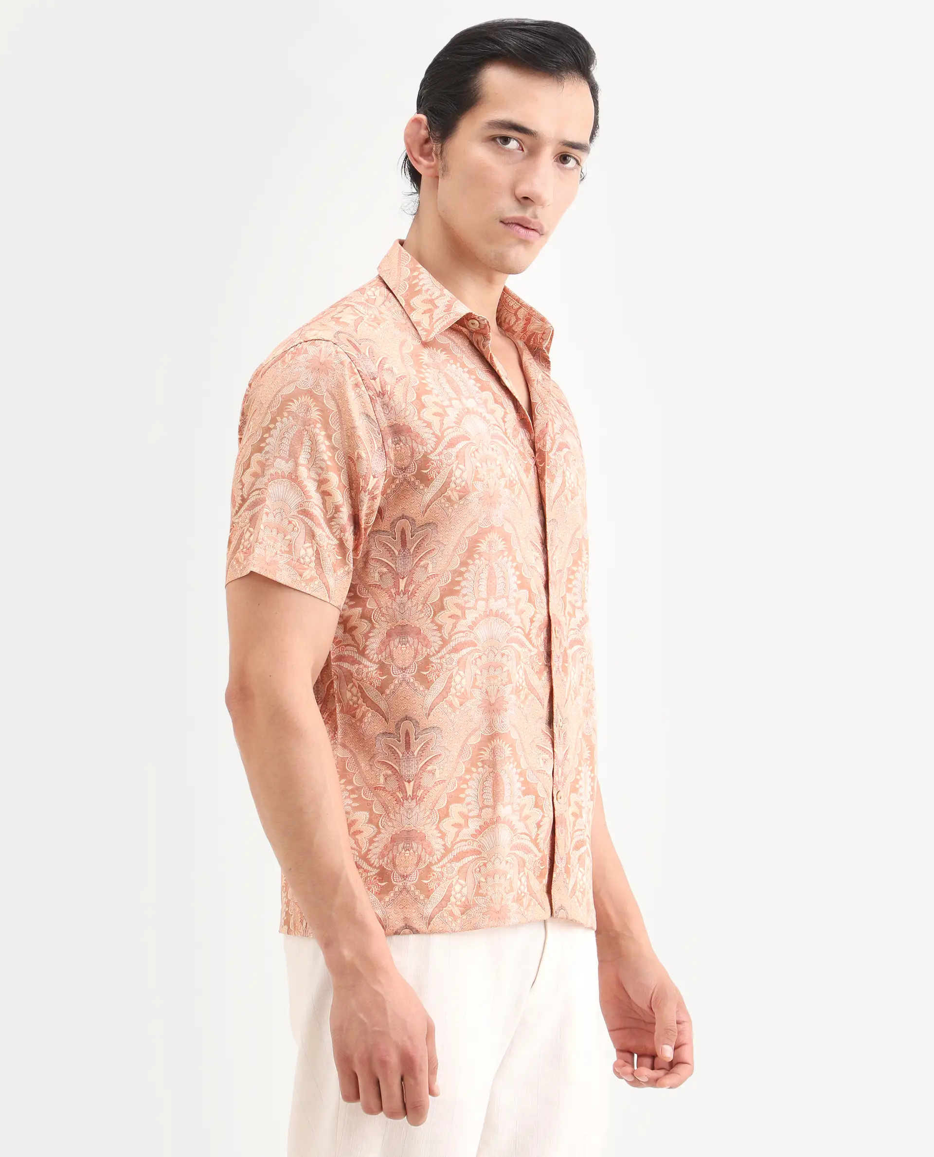 Rare Rabbit Men's Pear Dusky Orange Cotton Blend Fabric Half Sleeve Spread Collar Regular Fit Abstract Print Shirt - Image 6