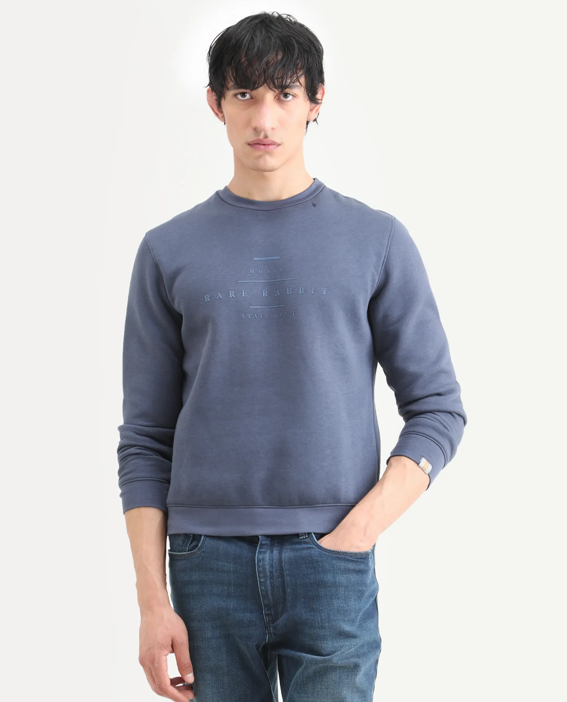 Rare Rabbit Men's Pearlz Blue Cotton Graphic Print Relaxed Fit Full Sleeve Crew Neck Sweatshirt - Image 3