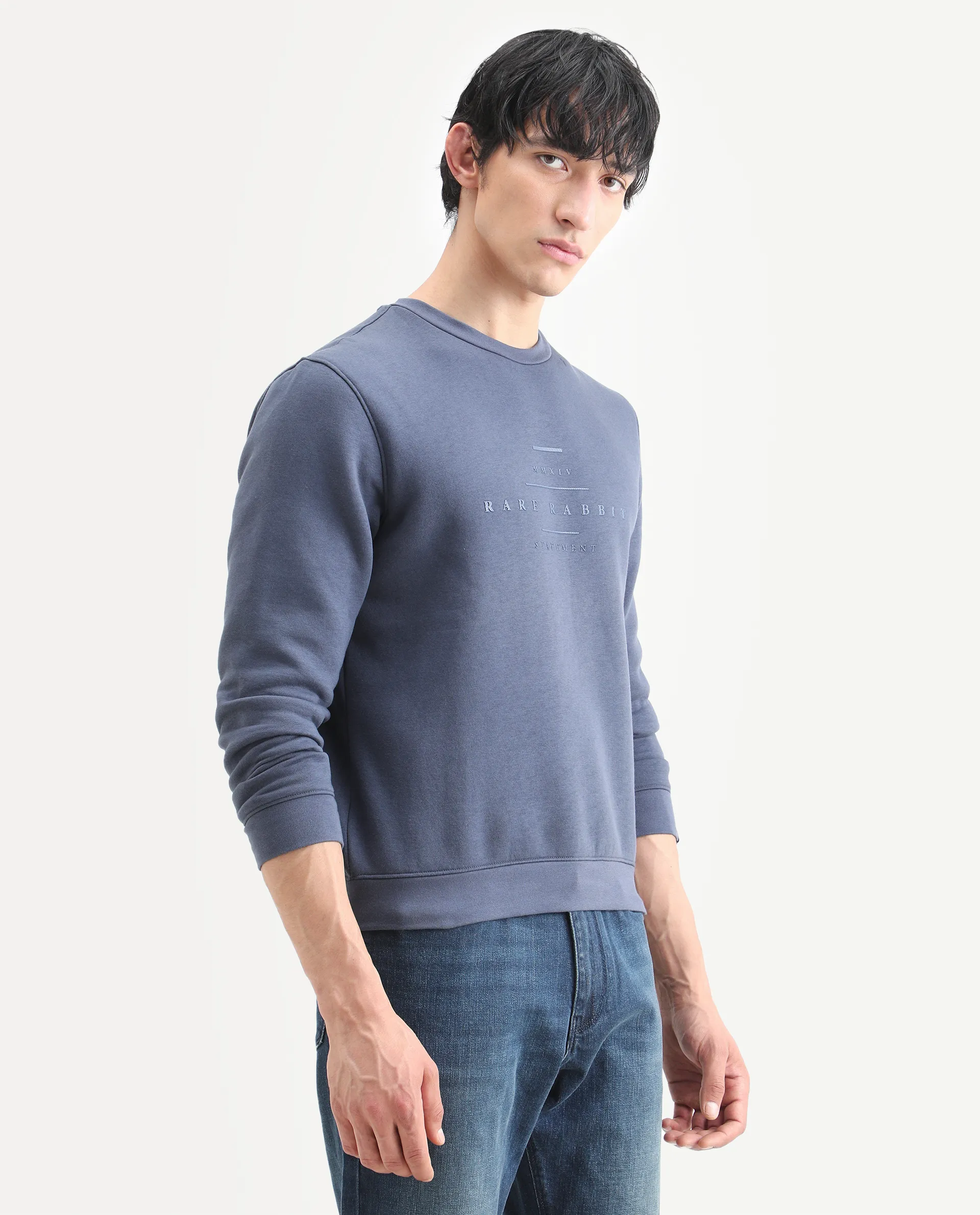 Rare Rabbit Men's Pearlz Blue Cotton Graphic Print Relaxed Fit Full Sleeve Crew Neck Sweatshirt - Image 7
