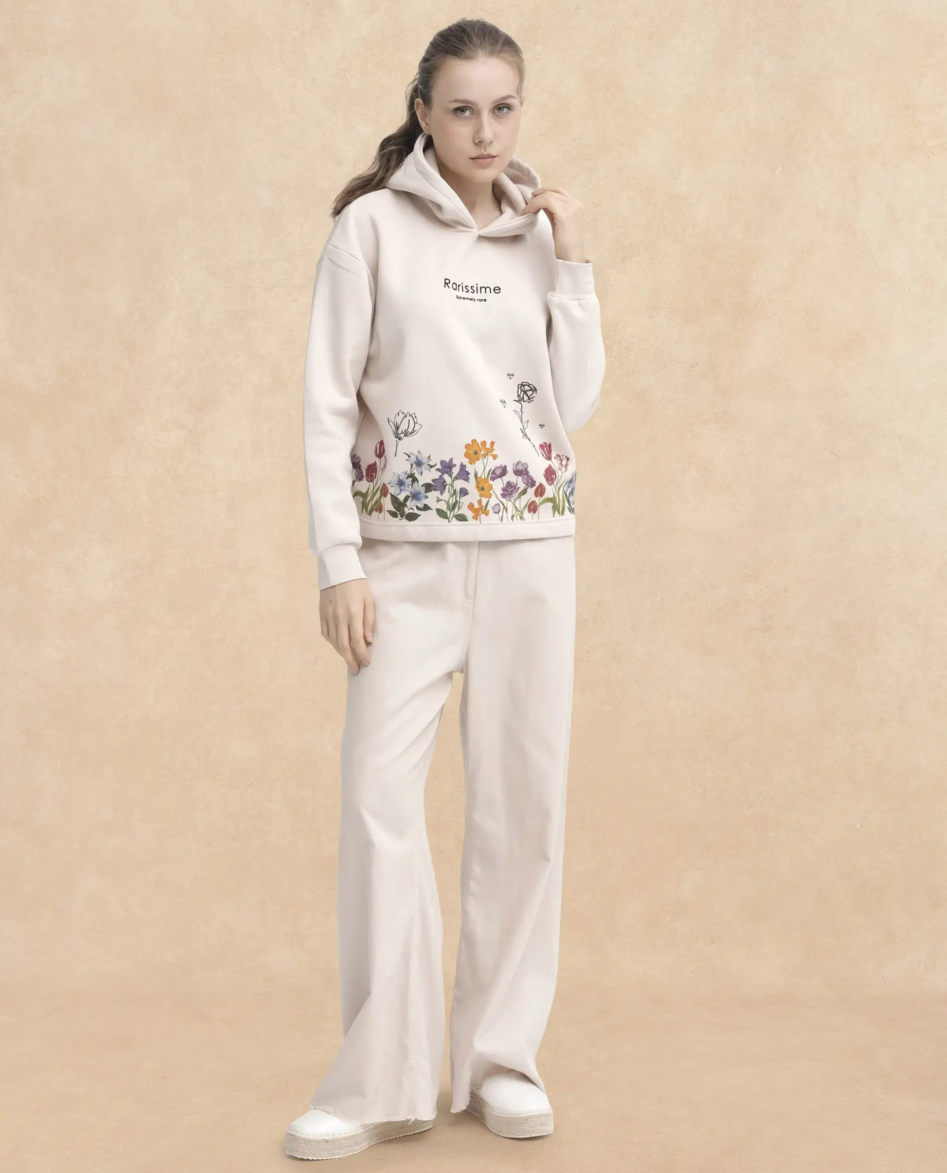 Rareism Women's Pearson Beige Polyester Blend Hooded Floral Print Cuffed Sleeve Regular Fit Sweatshirt - Image 11
