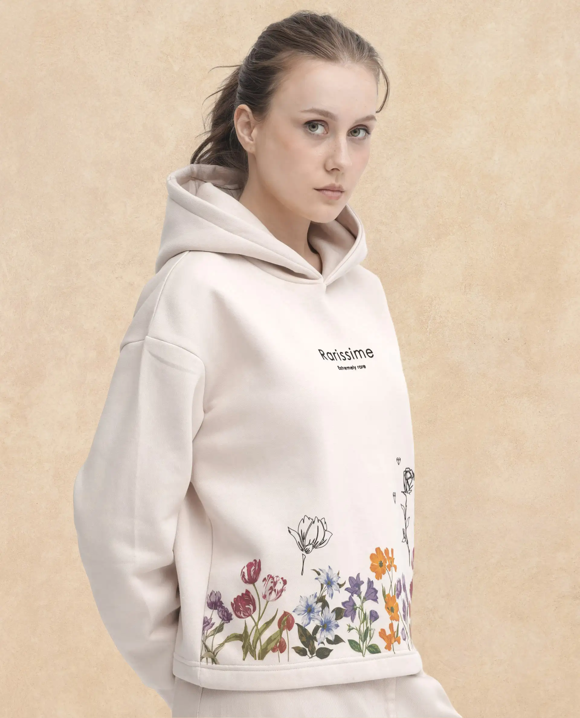 Rareism Women's Pearson Beige Polyester Blend Hooded Floral Print Cuffed Sleeve Regular Fit Sweatshirt - Image 4