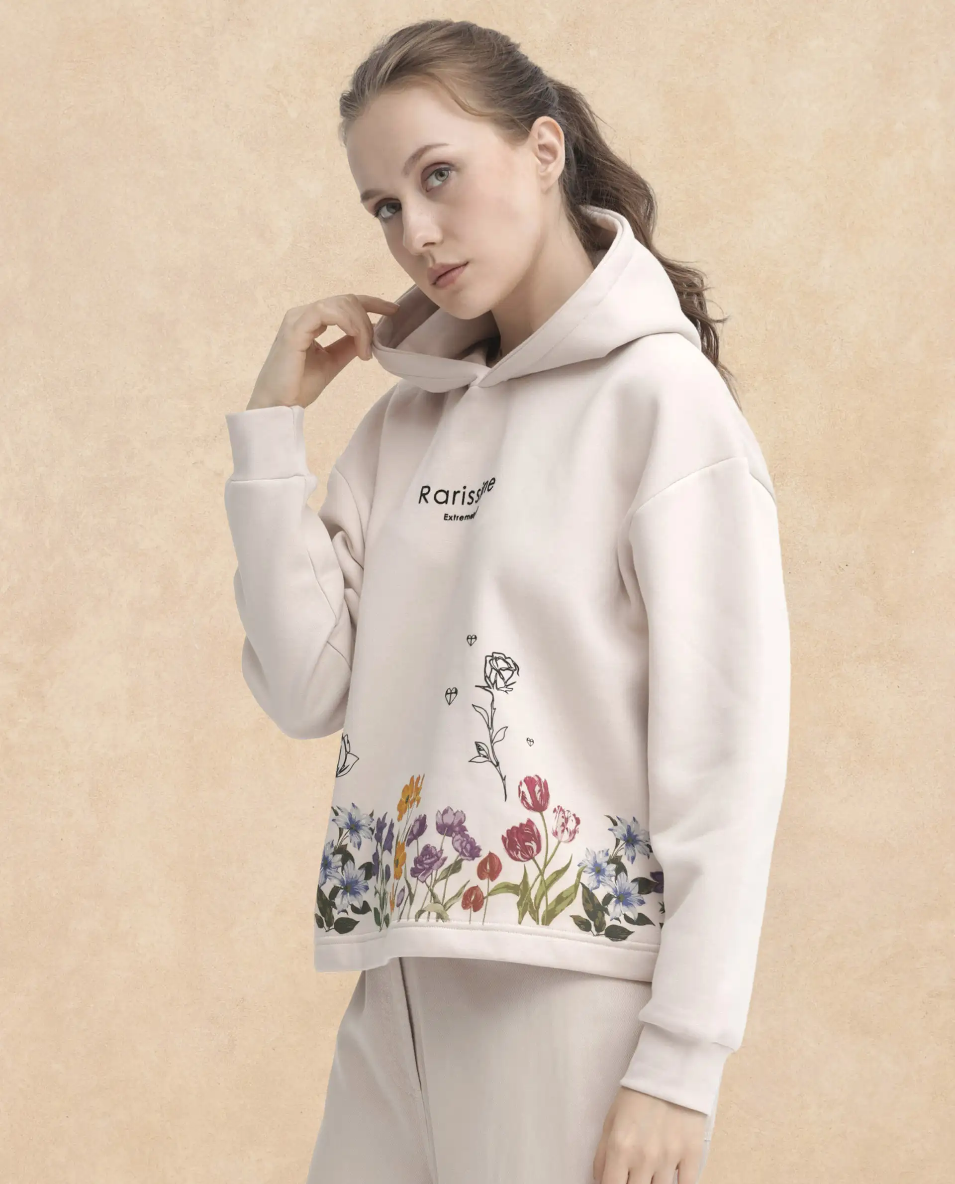 Rareism Women's Pearson Beige Polyester Blend Hooded Floral Print Cuffed Sleeve Regular Fit Sweatshirt - Image 5
