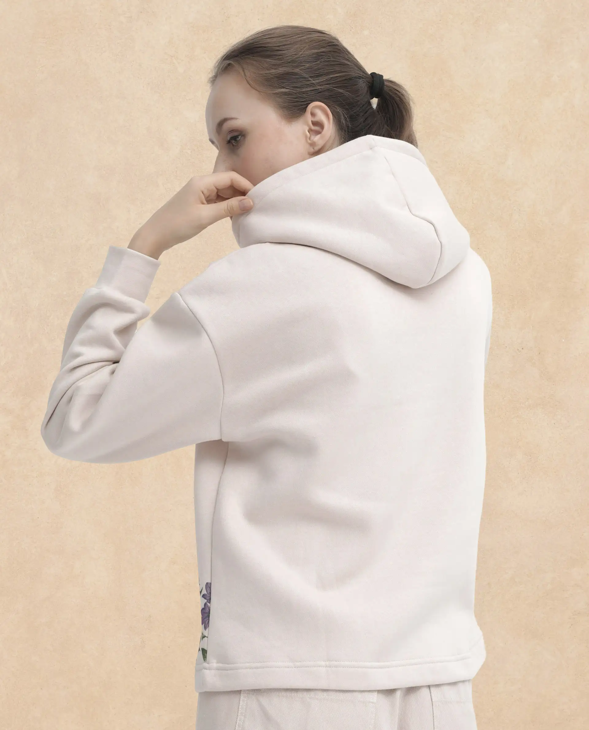 Rareism Women's Pearson Beige Polyester Blend Hooded Floral Print Cuffed Sleeve Regular Fit Sweatshirt - Image 6