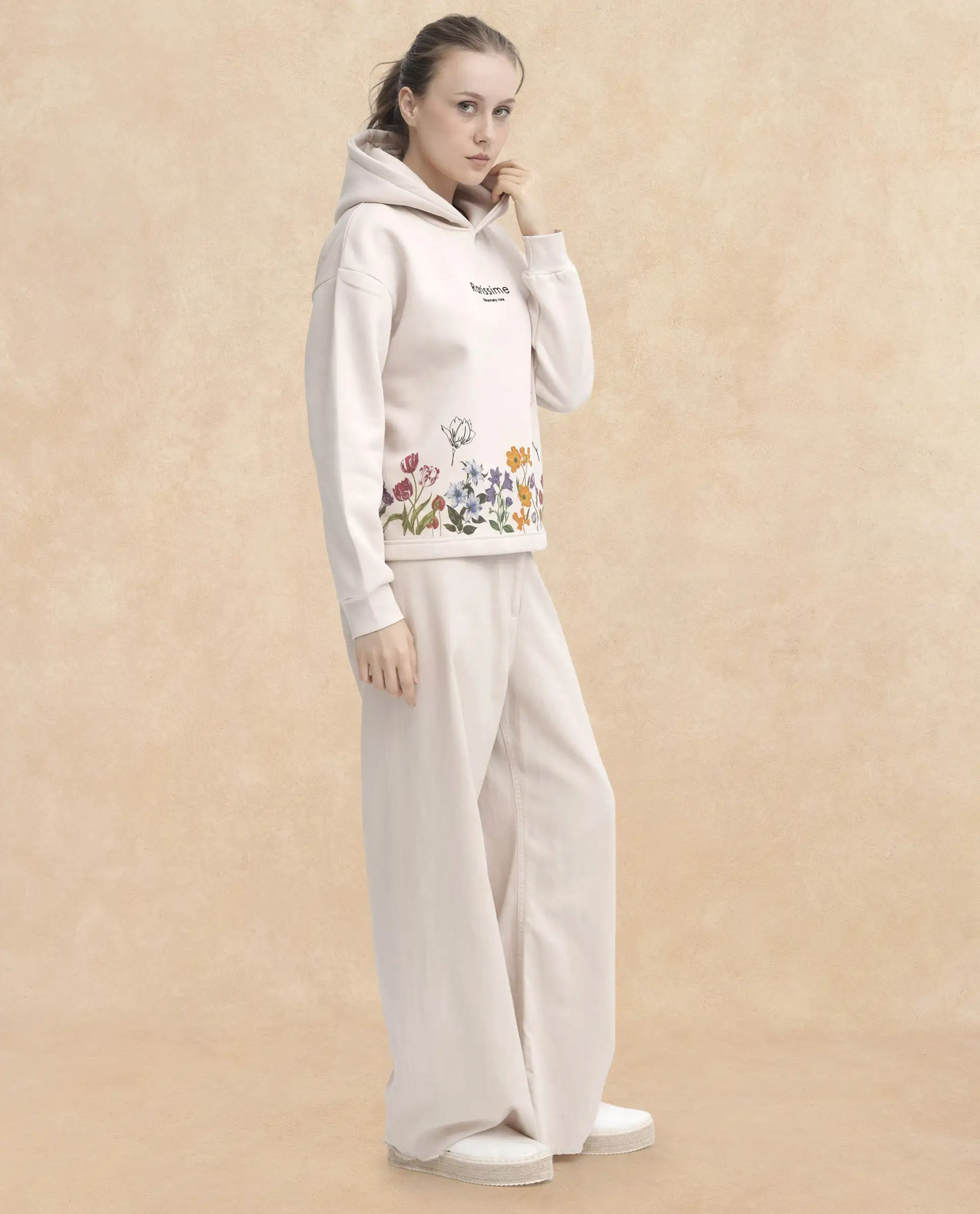 Rareism Women's Pearson Beige Polyester Blend Hooded Floral Print Cuffed Sleeve Regular Fit Sweatshirt - Image 9
