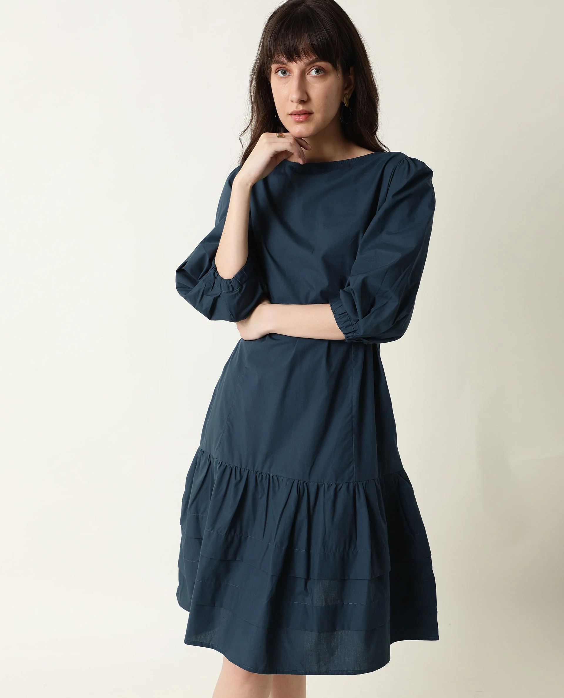 Rareism Womens Peas Petrol Dress Cotton Fabric Regular Fit Puff Sleeves Round Neck