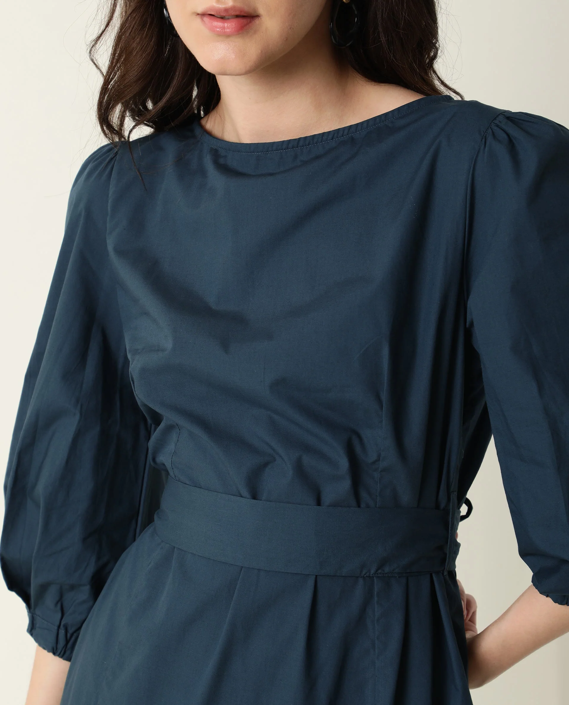 Rareism Womens Peas Petrol Dress Cotton Fabric Regular Fit Puff Sleeves Round Neck - Image 2