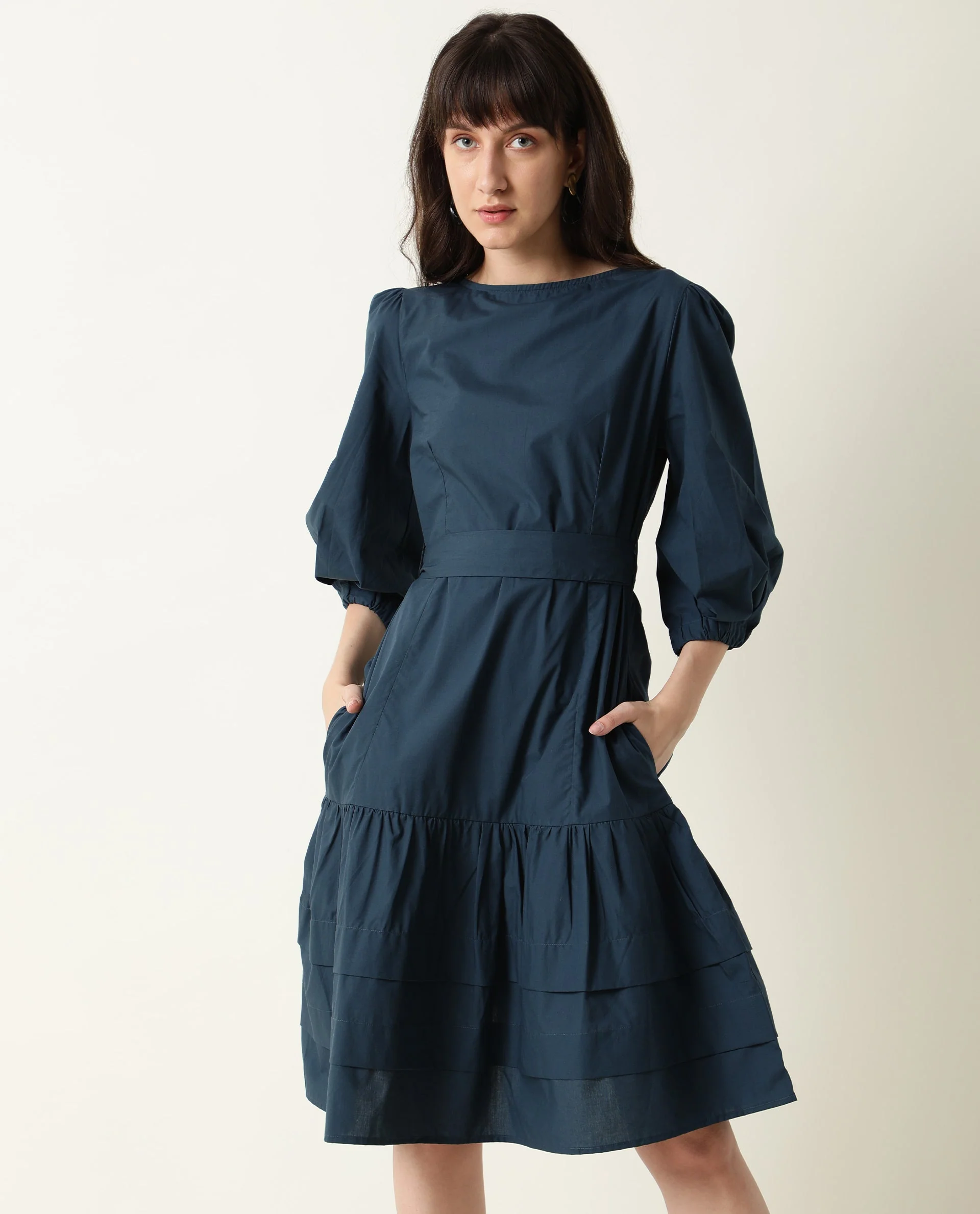 Rareism Womens Peas Petrol Dress Cotton Fabric Regular Fit Puff Sleeves Round Neck - Image 3