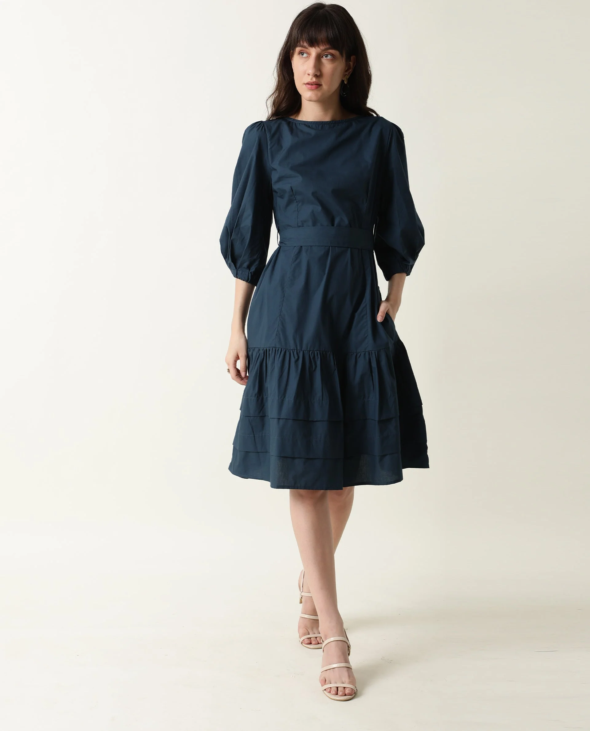 Rareism Womens Peas Petrol Dress Cotton Fabric Regular Fit Puff Sleeves Round Neck - Image 4