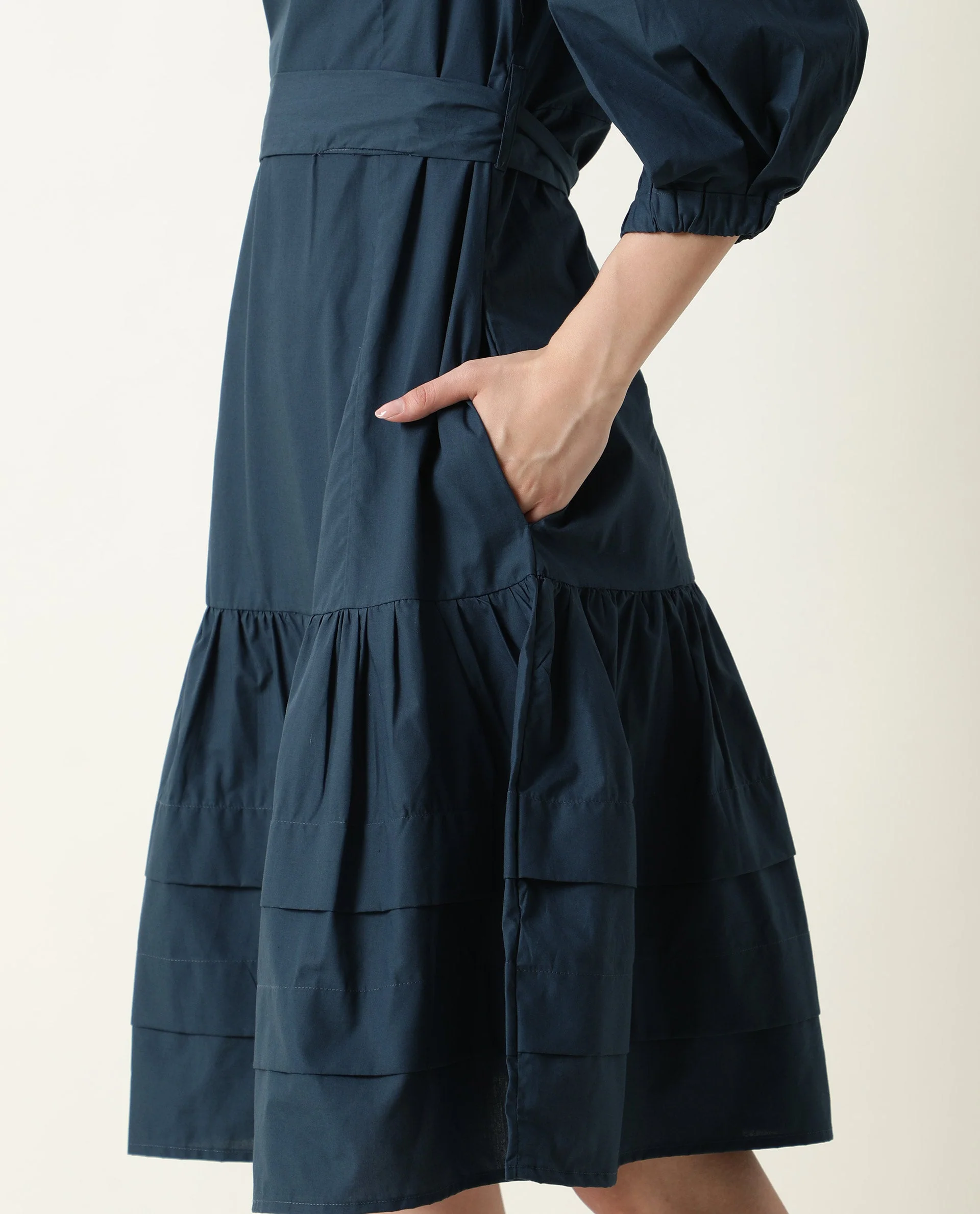 Rareism Womens Peas Petrol Dress Cotton Fabric Regular Fit Puff Sleeves Round Neck - Image 6