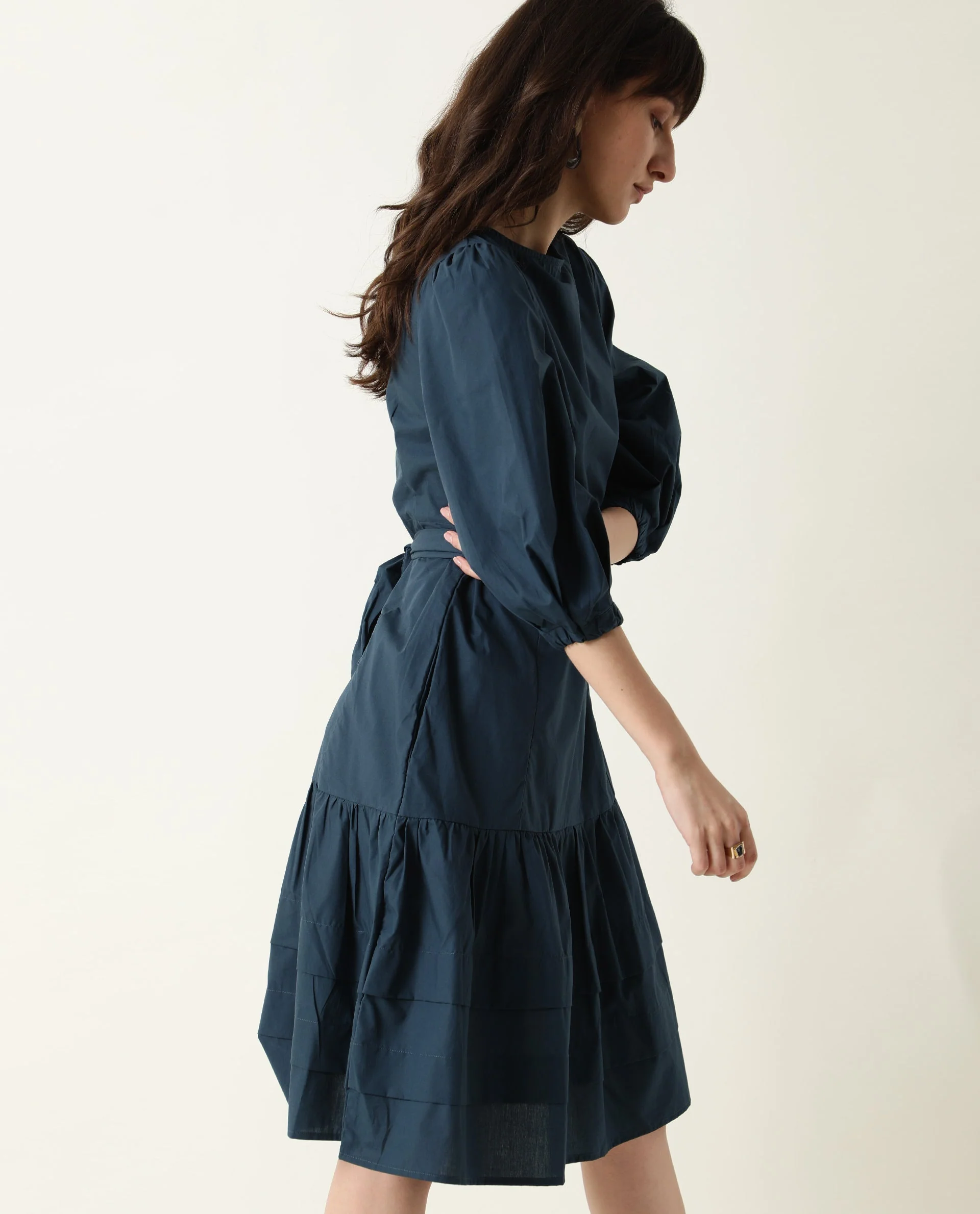 Rareism Womens Peas Petrol Dress Cotton Fabric Regular Fit Puff Sleeves Round Neck - Image 7