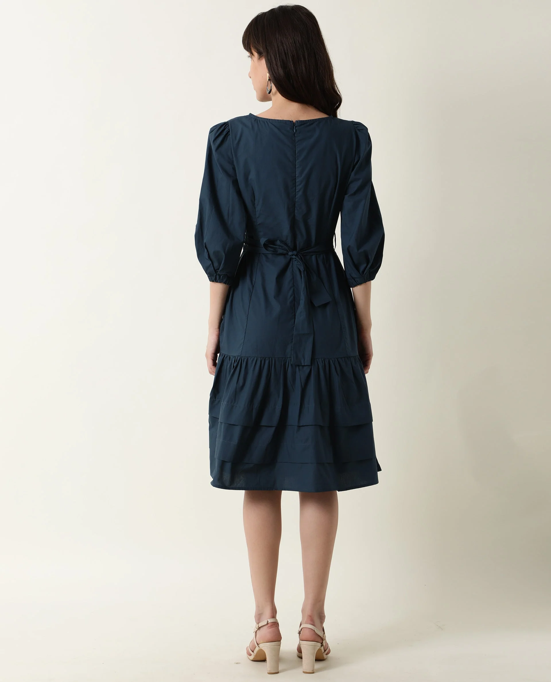 Rareism Womens Peas Petrol Dress Cotton Fabric Regular Fit Puff Sleeves Round Neck - Image 8