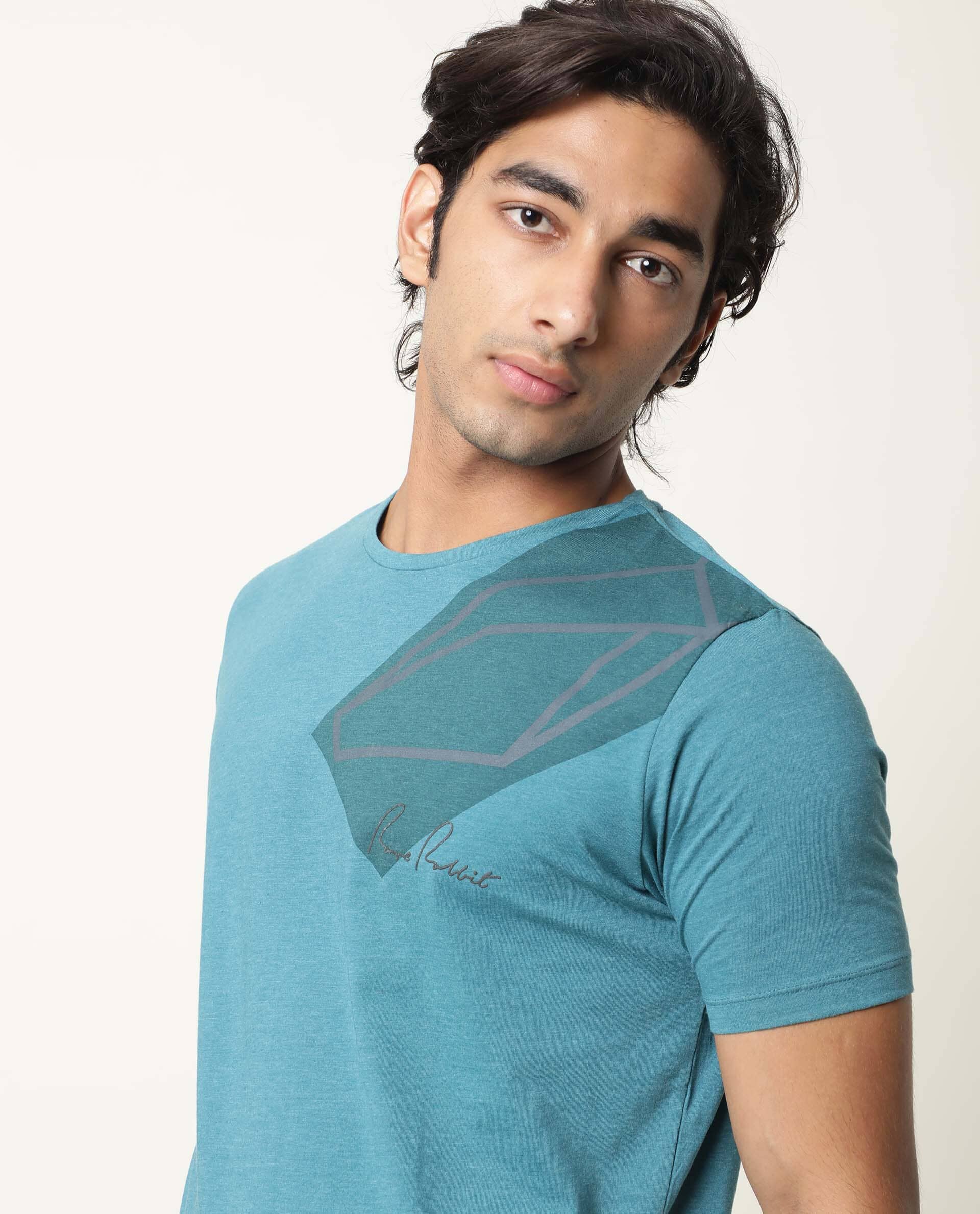 Rare Rabbit Men's Pecc Green Cotton Graphic Print Slim Fit Half Sleeve Crew Neck T-Shirt