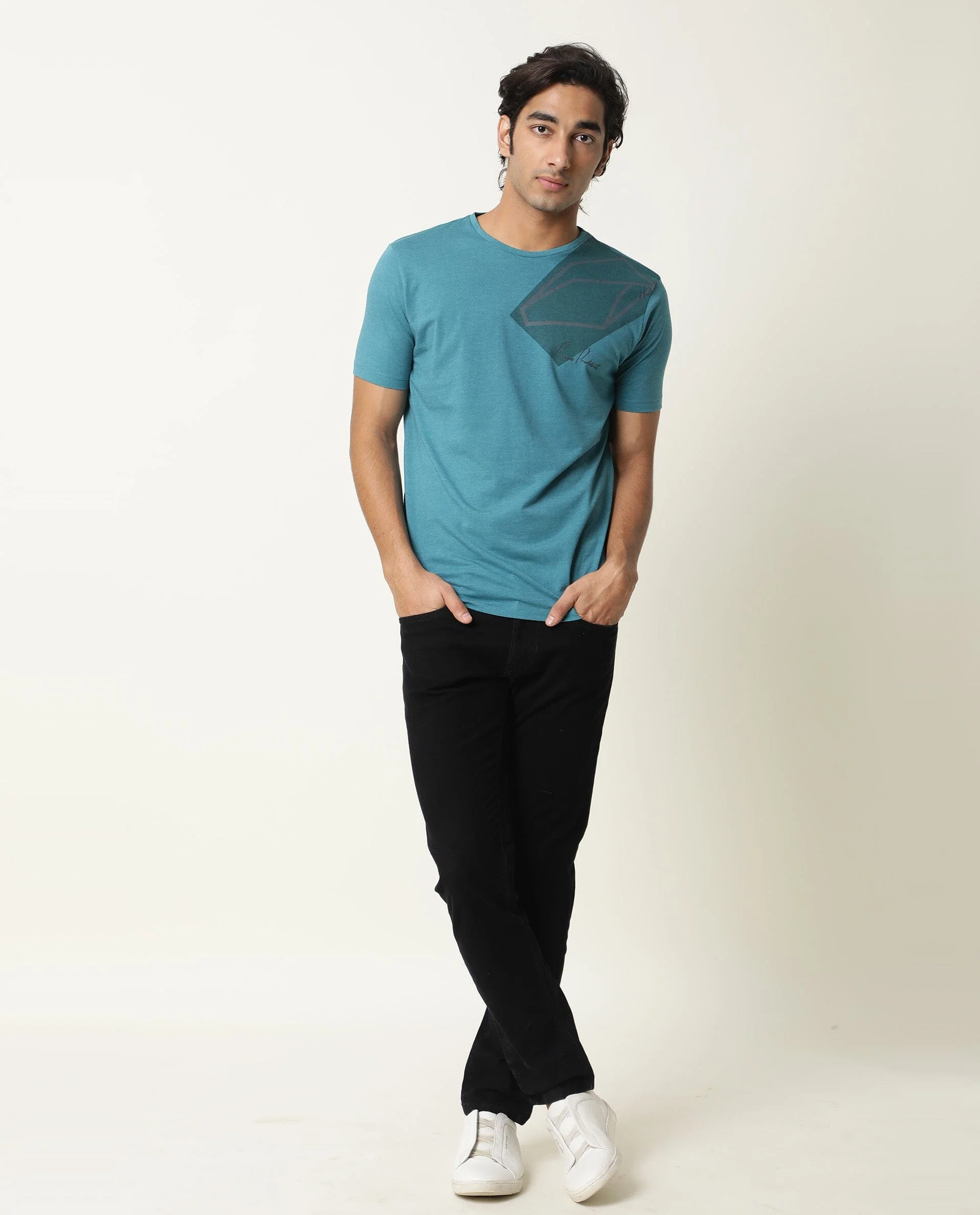 Rare Rabbit Men's Pecc Green Cotton Graphic Print Slim Fit Half Sleeve Crew Neck T-Shirt - Image 2