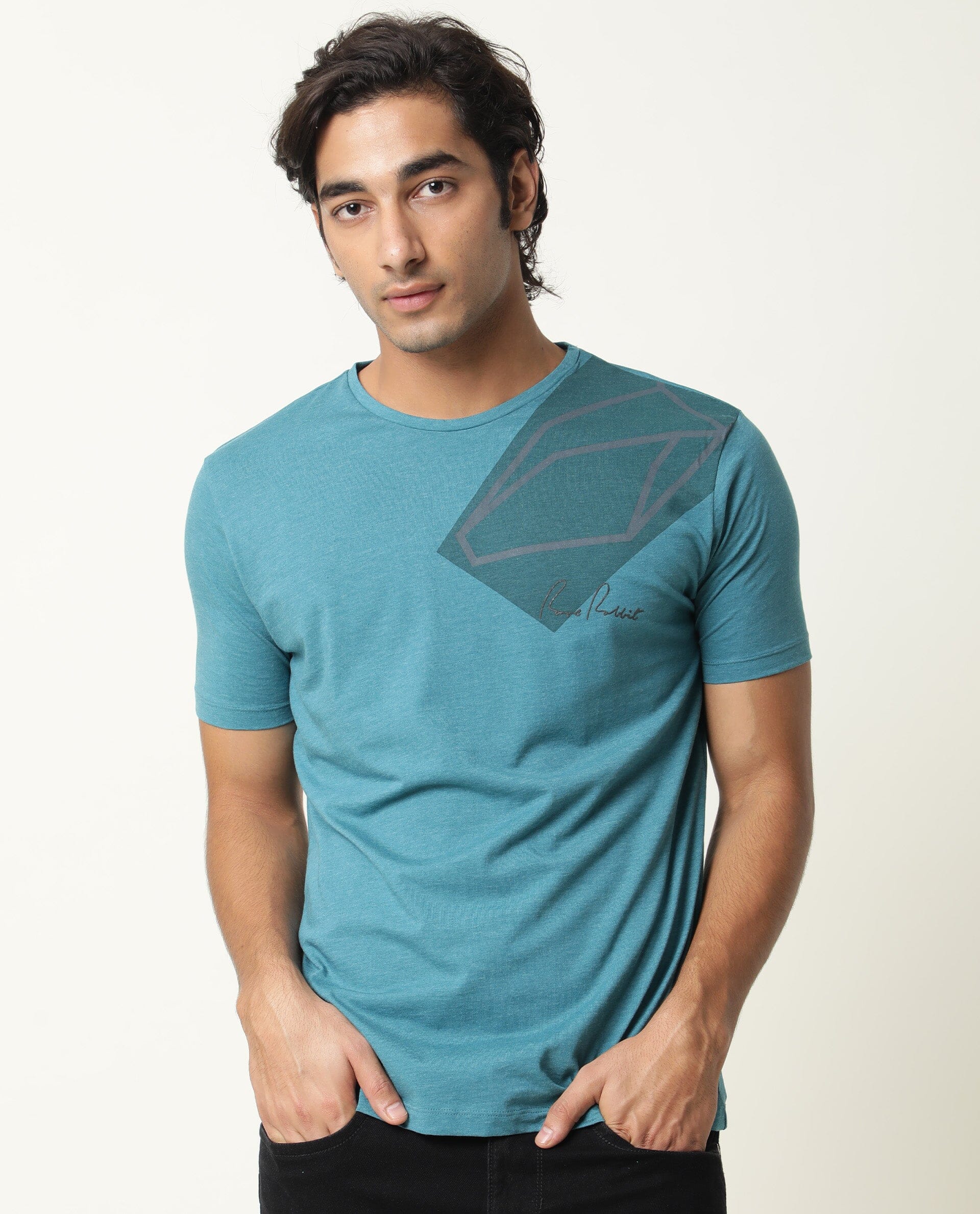 Rare Rabbit Men's Pecc Green Cotton Graphic Print Slim Fit Half Sleeve Crew Neck T-Shirt - Image 3