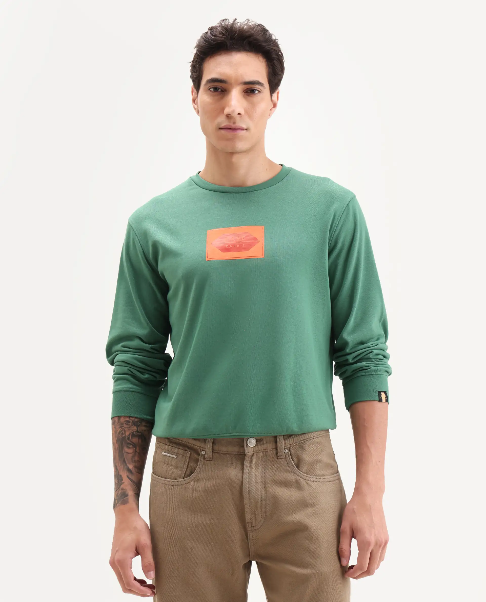 Rare Rabbit Men's Pectin Green Cotton Graphic Print Regular Fit Full Sleeve Crew Neck Sweatshirt - Image 3