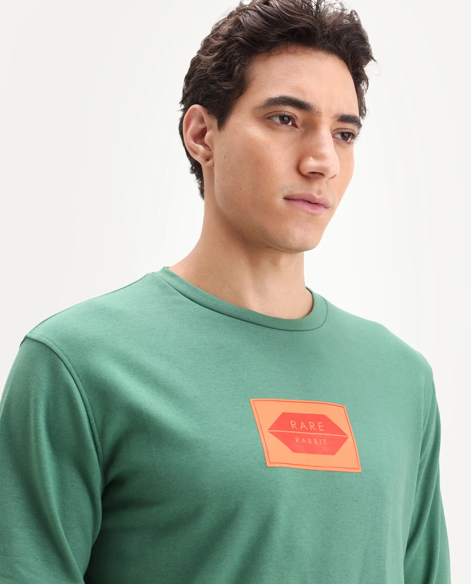 Rare Rabbit Men's Pectin Green Cotton Graphic Print Regular Fit Full Sleeve Crew Neck Sweatshirt - Image 4
