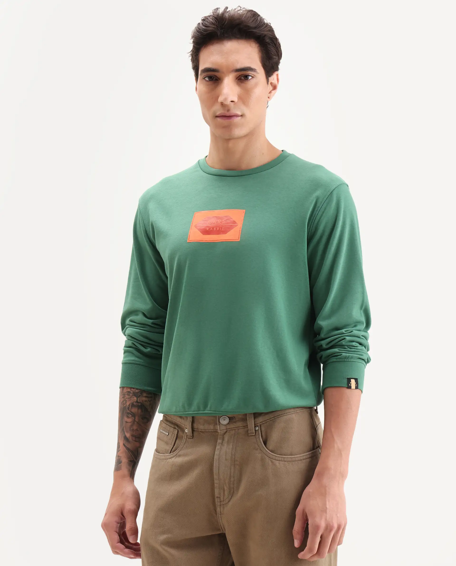Rare Rabbit Men's Pectin Green Cotton Graphic Print Regular Fit Full Sleeve Crew Neck Sweatshirt - Image 5