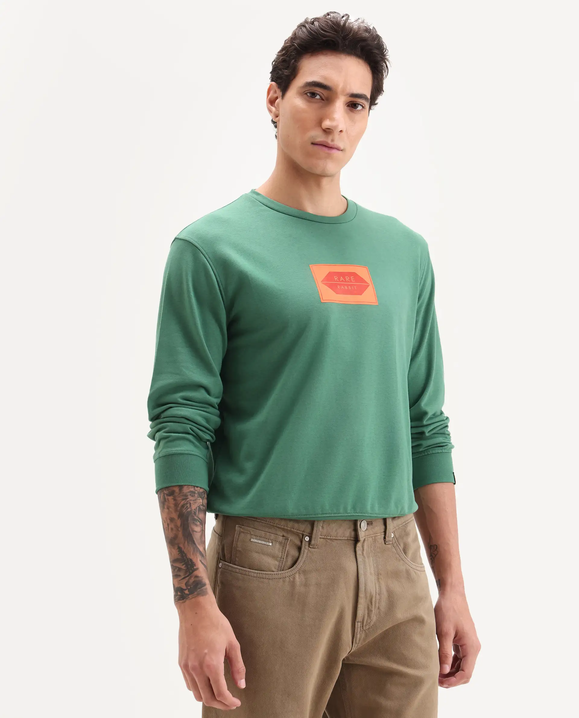Rare Rabbit Men's Pectin Green Cotton Graphic Print Regular Fit Full Sleeve Crew Neck Sweatshirt - Image 6