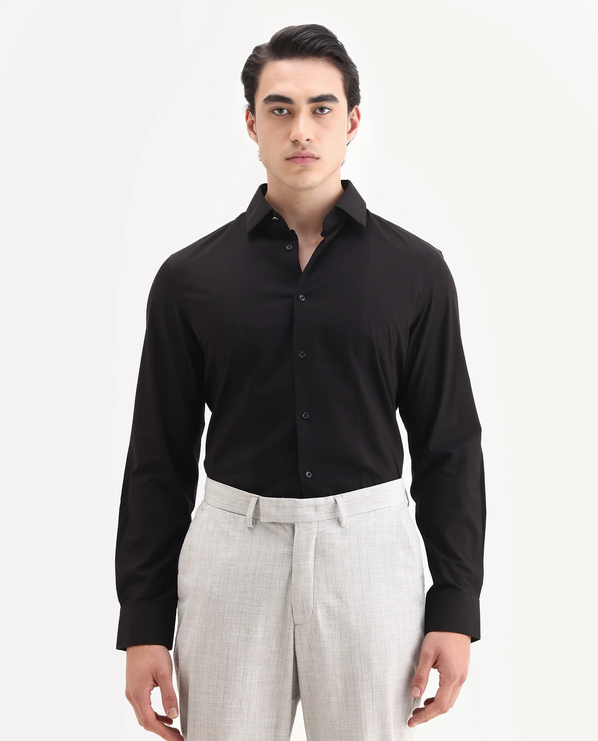 Rare Rabbit Men's Pedron-25 Black Cotton Spread Collar Regular Fit Jacquard Shirt - Image 4