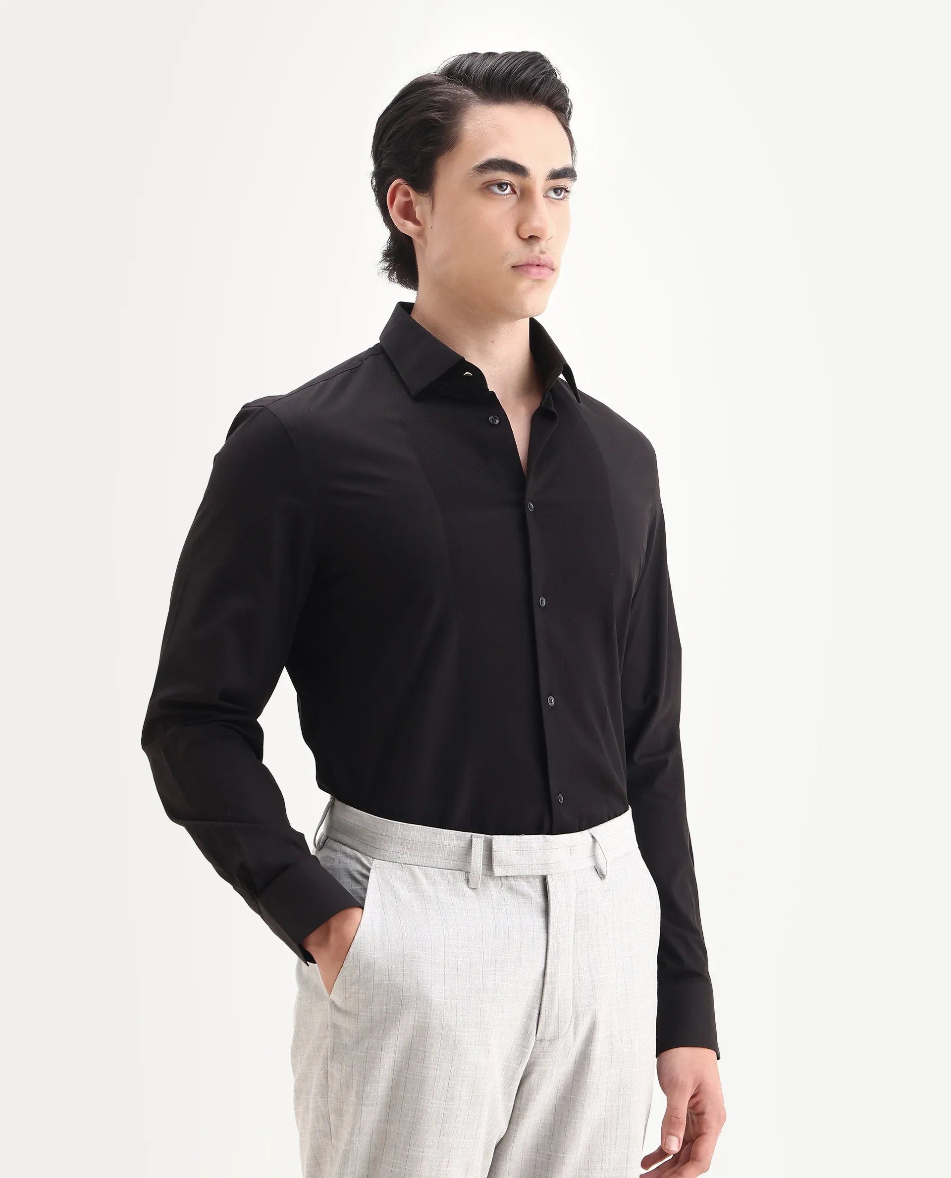 Rare Rabbit Men's Pedron-25 Black Cotton Spread Collar Regular Fit Jacquard Shirt - Image 6